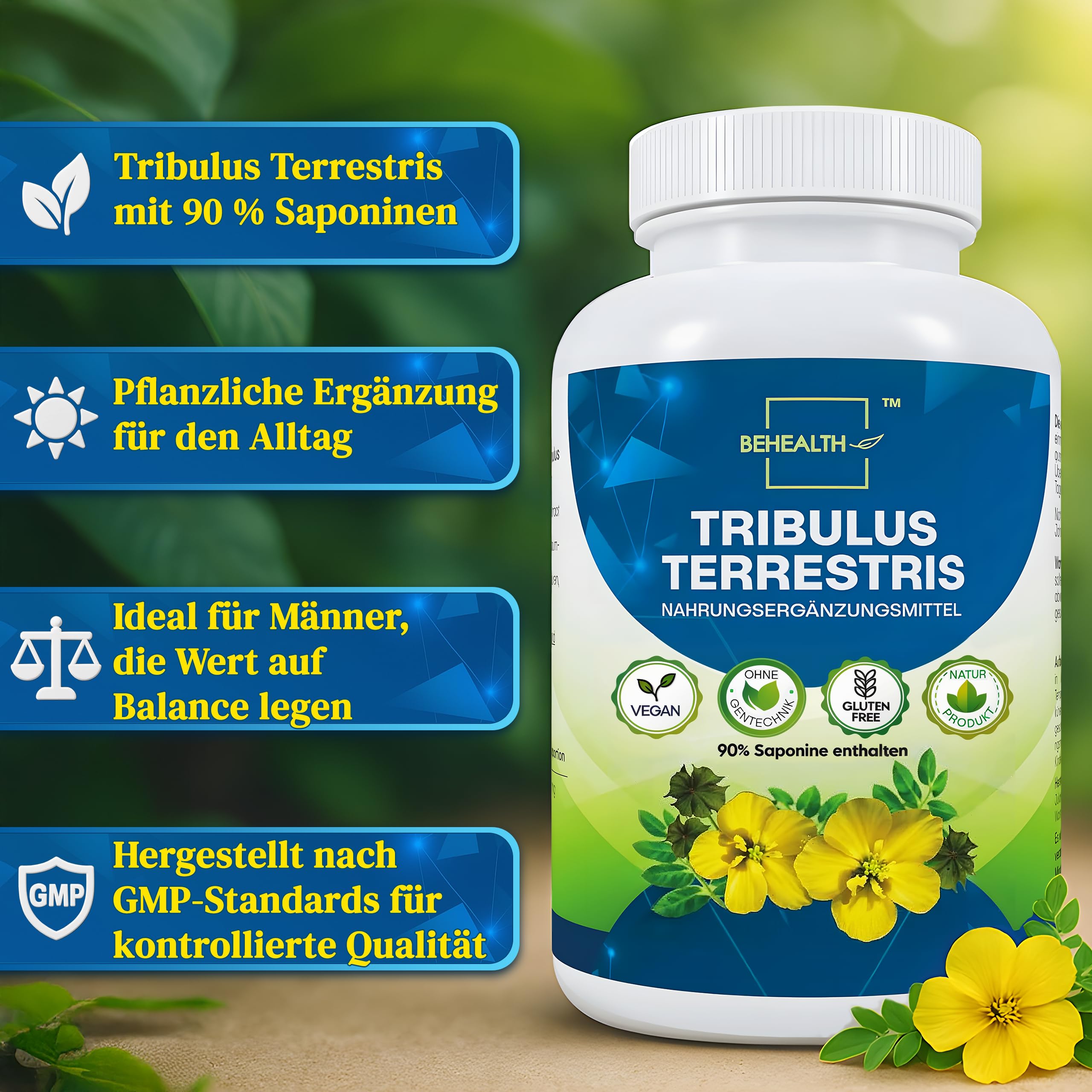 Tribulus Terrestris – Hochdosiert mit 90% Saponinen – Pflanzliches Supplement für Männer – Zellulose-Kapseln 120 Stück – Laborgeprüft – Hergestellt in der EU