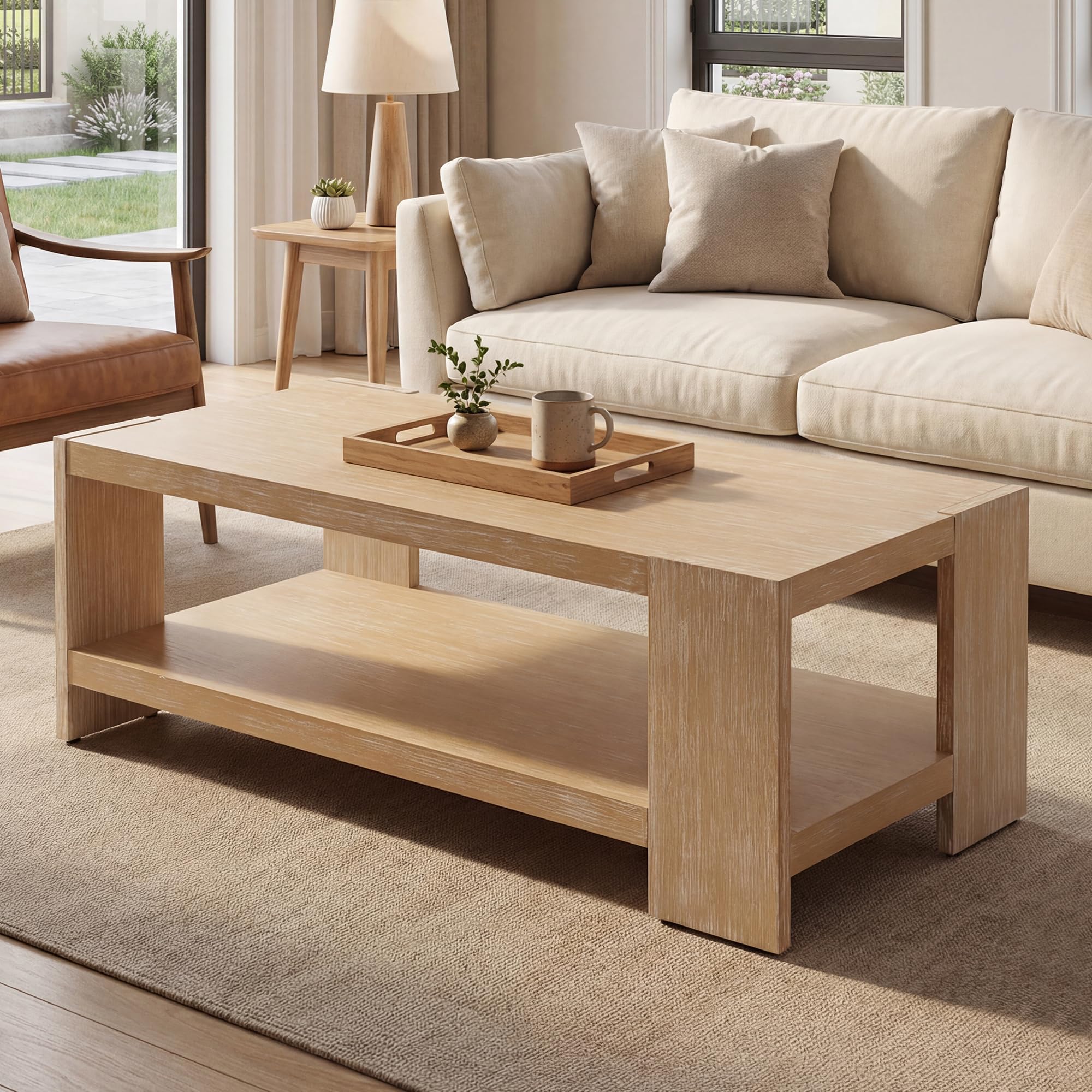 chairus 47 Inch Coffee Table with 2-Tier Storage Farmhouse Rectangular Center Table with Solid Pine Wood Legs for