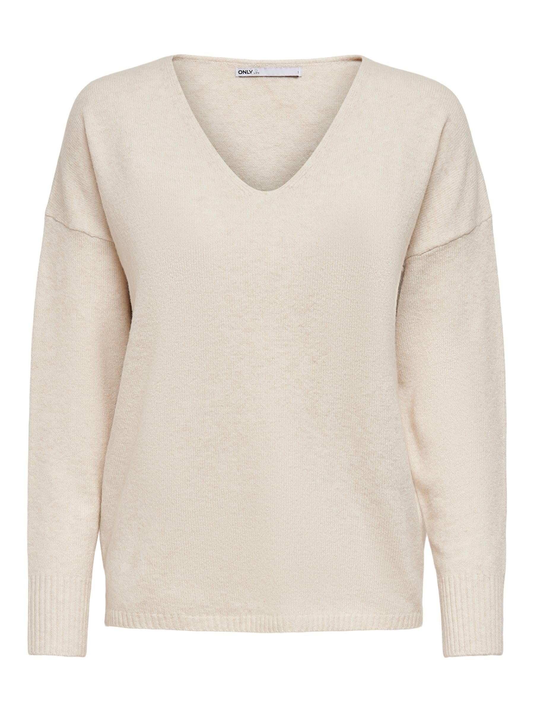 Only Women's Beige Rica Long-Sleeve V-Neck Knitted Top in Size 12, Sports Direct