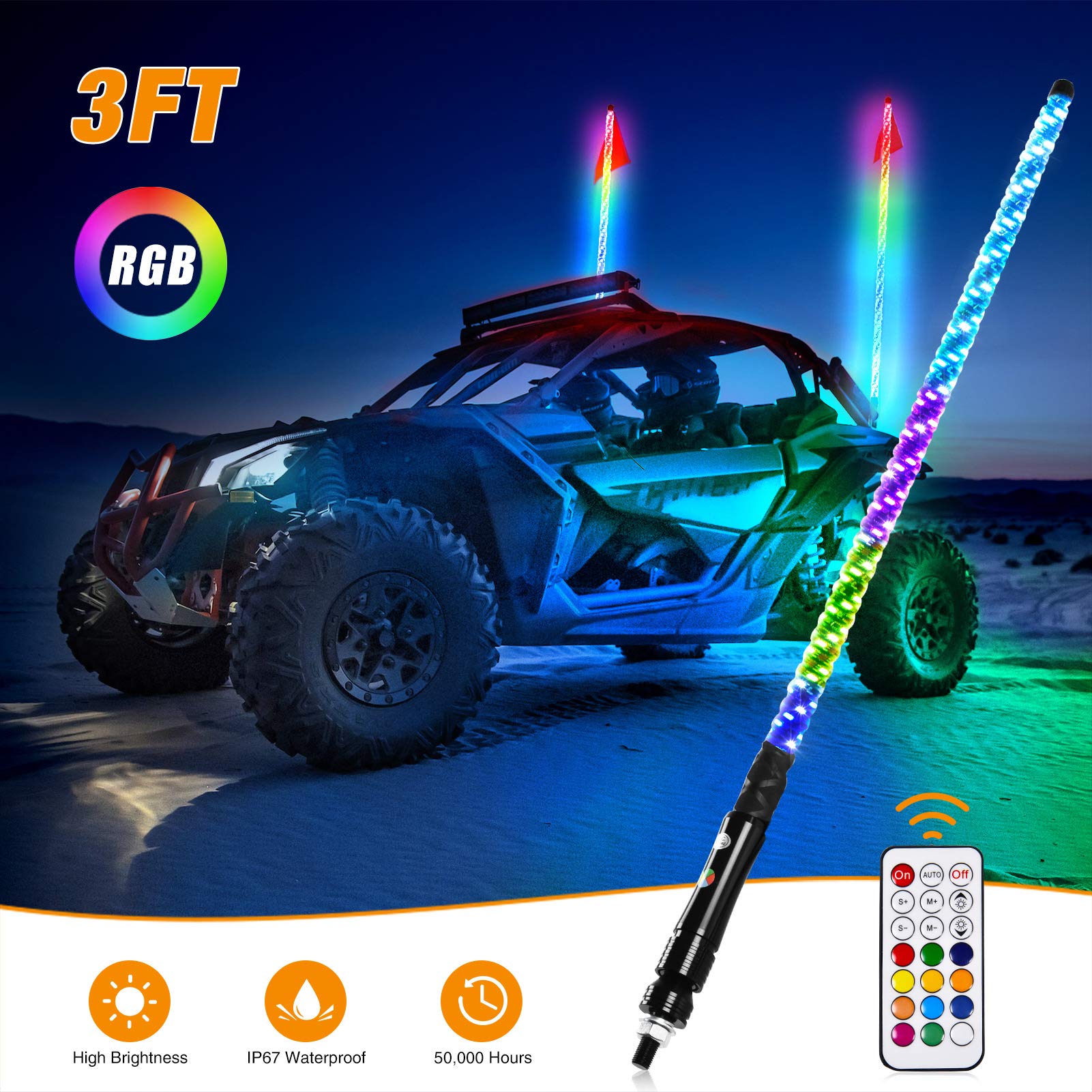 Spiral LED Whip Lights for ATV UTV,3FT 12V Universal Light Whips ,Whip ATV Lights with 360° Beam, AT