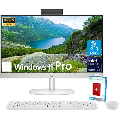 HP 27" All-in-One Desktop Computer, FHD IPS Touchscreen, 12-core Intel Core Ultra 7-155U Processor, 64GB DDR5, 2TB SSD, Wi-Fi 6, HDMI, Wireless KB&Mouse, Windows 11 Pro, w/ 500G P500 Portable SSD