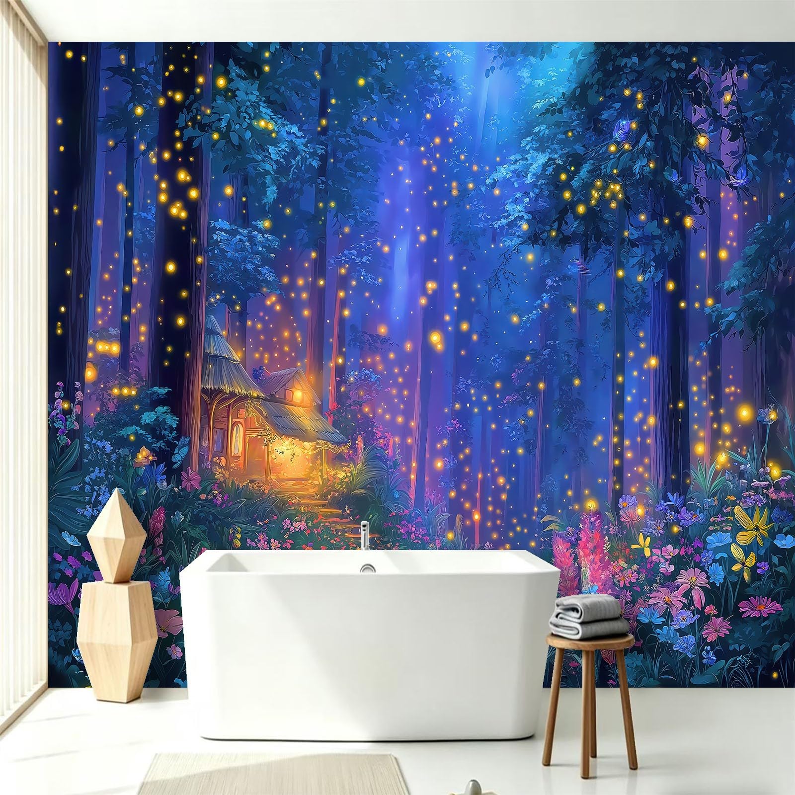 Générique Tapeta 3D las świetliki model chaty, panoramiczna tapeta 200 x 140 cm - do salonu sypialnia łazienka i kuchnia dekoracja ścienna plakat, fantazyjna scena nocna