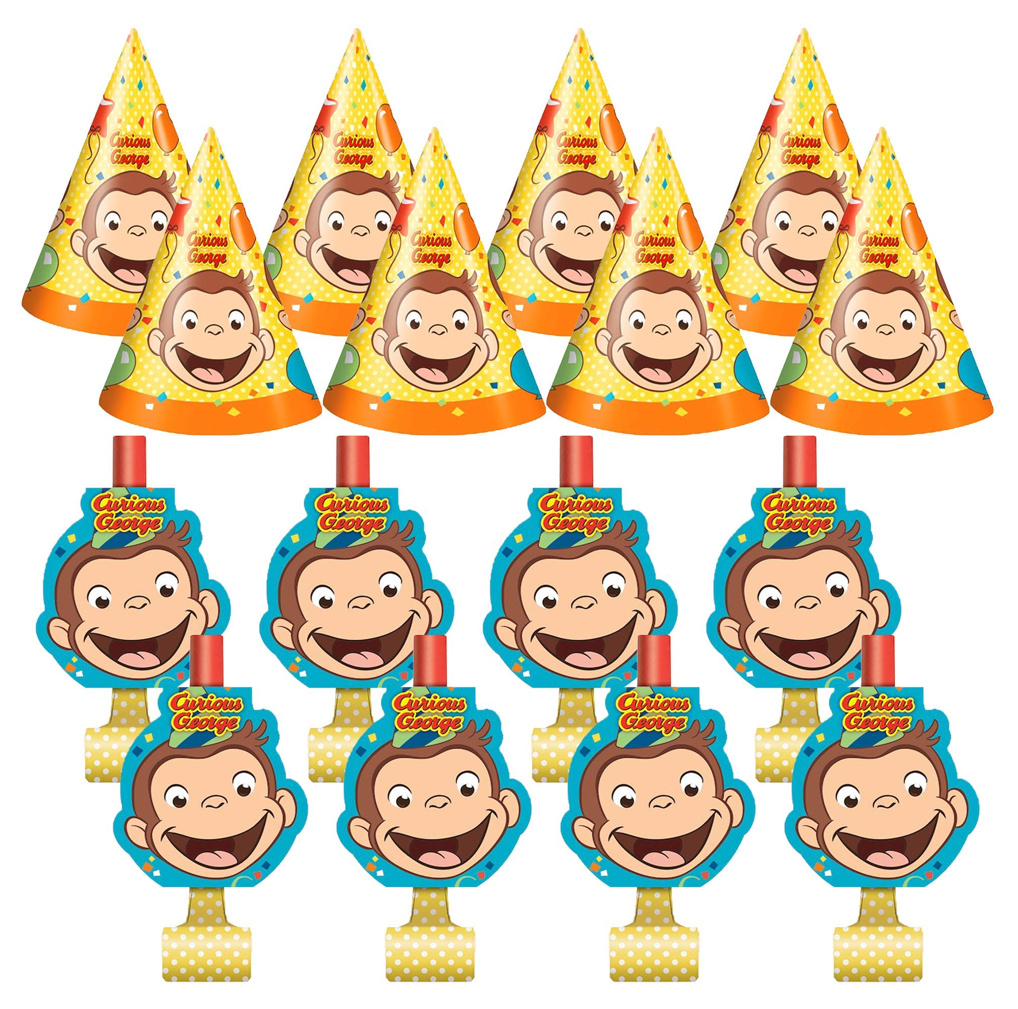 Unique Industries Curious George Birthday Party Favors Pack for 8 Guests Including Kids Hats and Blowouts