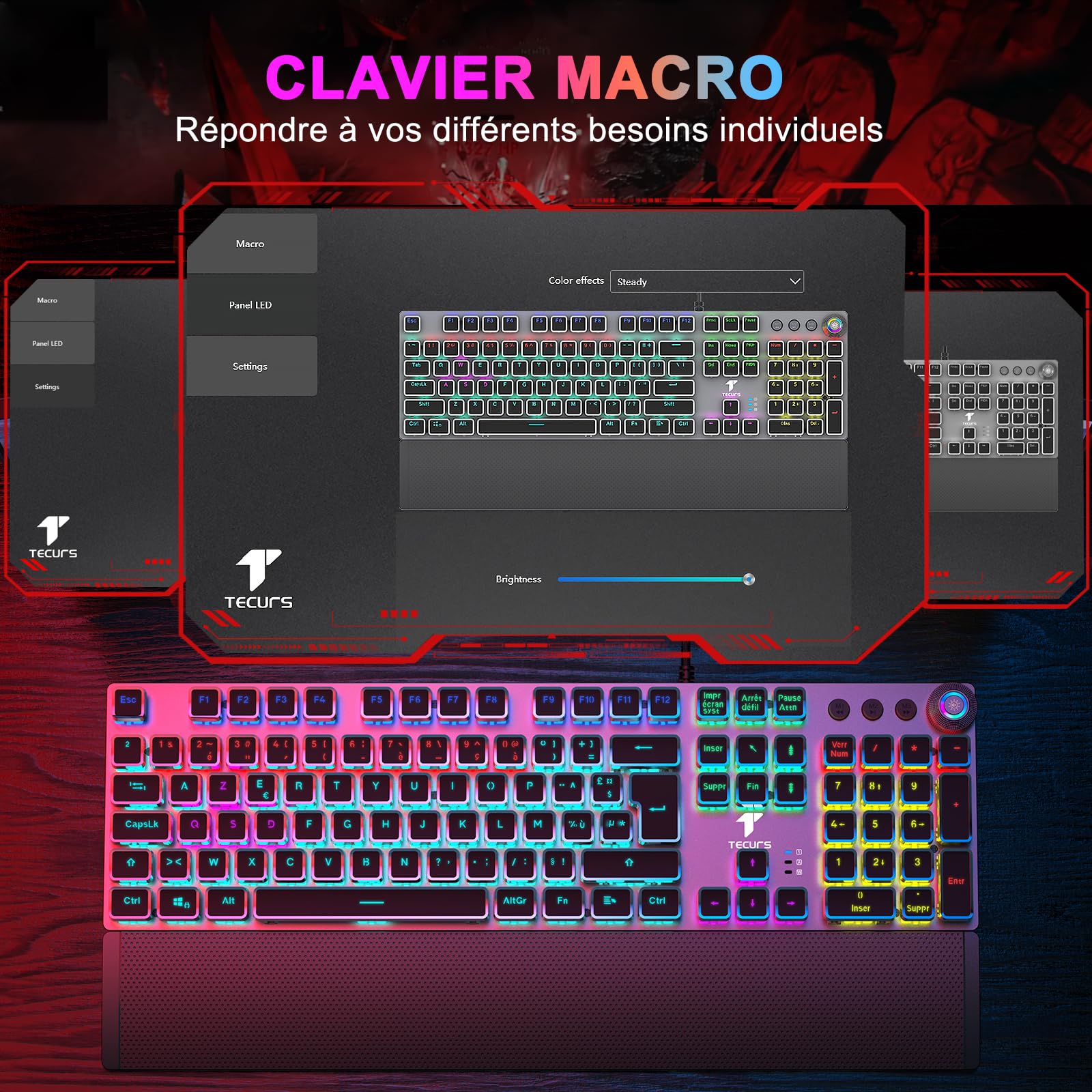 TECURS Clavier Gaming Mécanique - Clavier Gamer Programmable avec Repose-Poignet Magnétique, Switchs Rouges, 19 Modes LED, Touches Multimédia, Clavier AZERTY PC/Wins/PS4