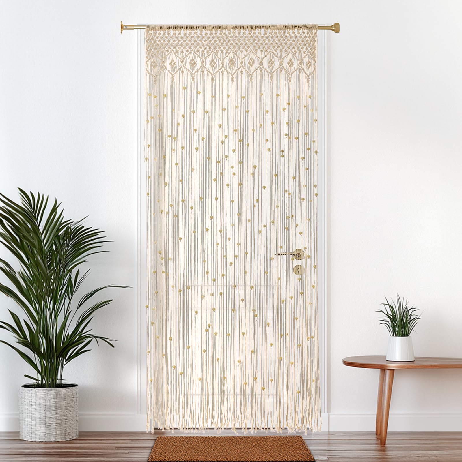 BECHAEO Cortina de cuentas de macramé estilo bohemio hecha a mano con cuentas de madera para ventana, puerta, armario, dormitorio, sala de estar, decoración de privacidad, 79 pulgadas de largo x 36