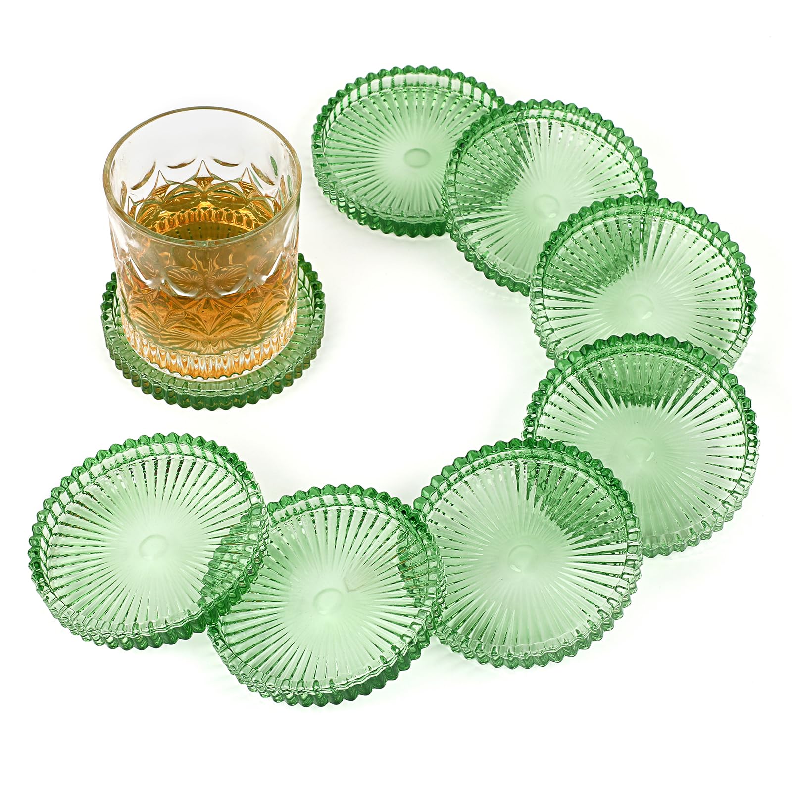 OGANAZI Modern Clear Coaster Set of 8- Glass Coasters for Drinks Crystal Coasters Round Cup Coaster Coffee Table Decor for Office, Kitchen, Bar,