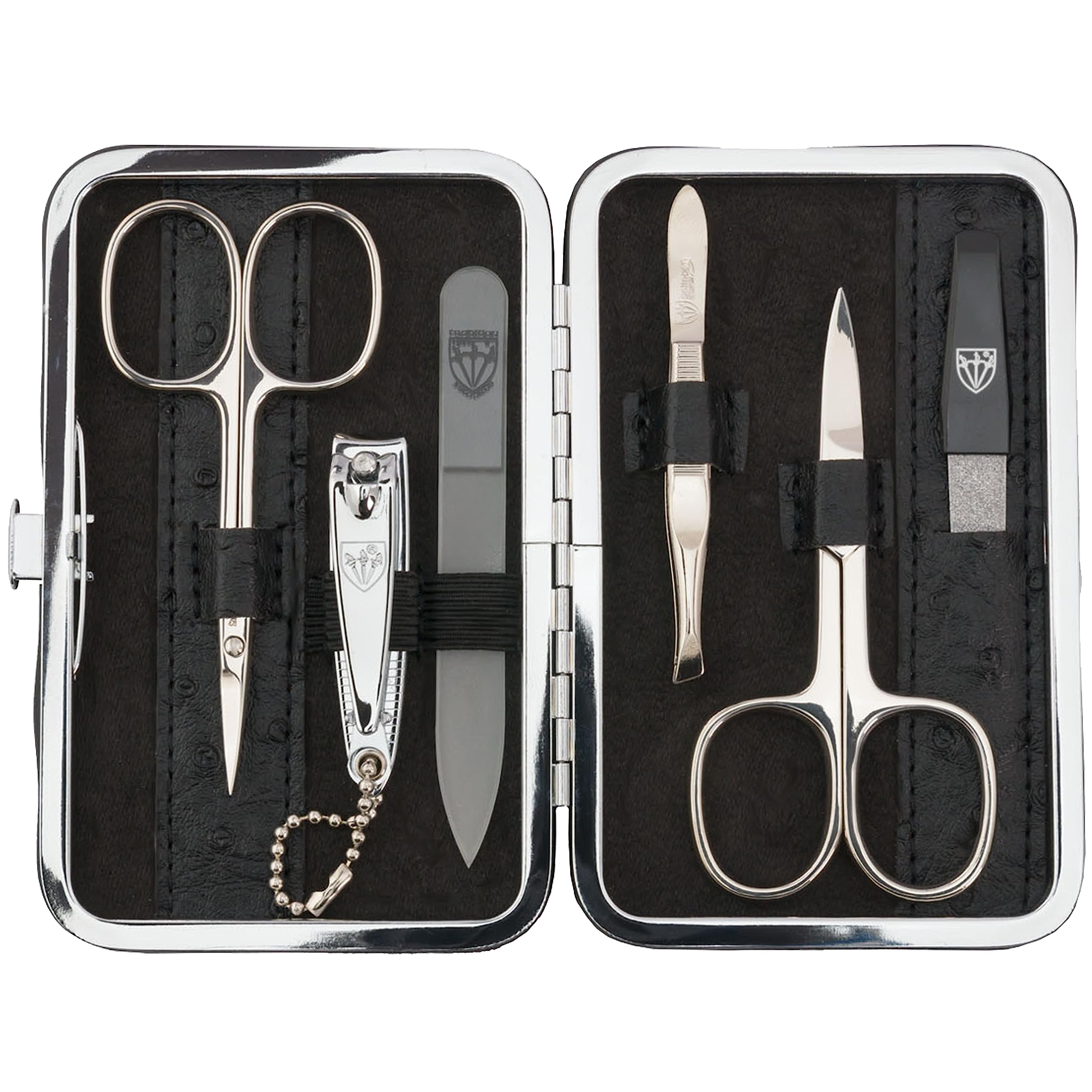 DREI SCHWERTER - Germany 6-tlg. Maniküreset 'Genova' | Set Nageletui aus Kunstleder schwarz Straussimitat | Inhalt: Nagelschere, Hautschere, Nagelknipser, Glasnagelfeile, Pinzette, Saphirnagelfeile