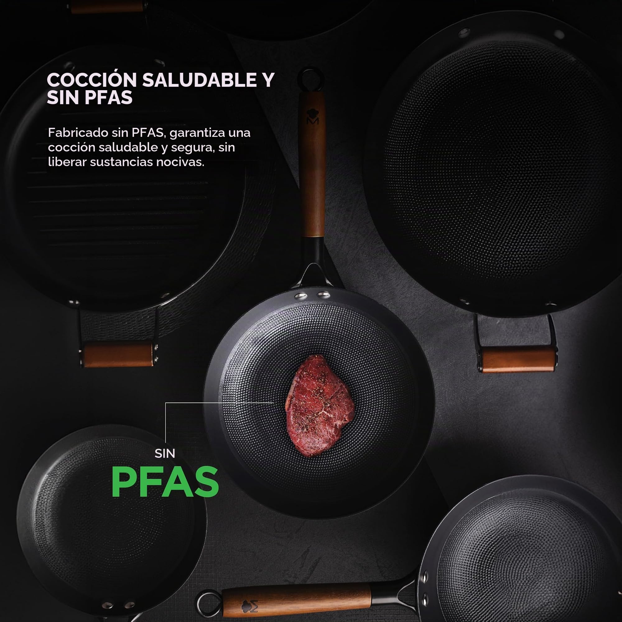 MasterPro Odín - Juego de Tres Sartenes de 20, 24 y 28 cm de Hierro Prensado con Antiadherente Cerámico Reforzado con Patrón de Panel de Abeja, Mango Ergonomico, Apto para Inducción, Libre de Tóxicos