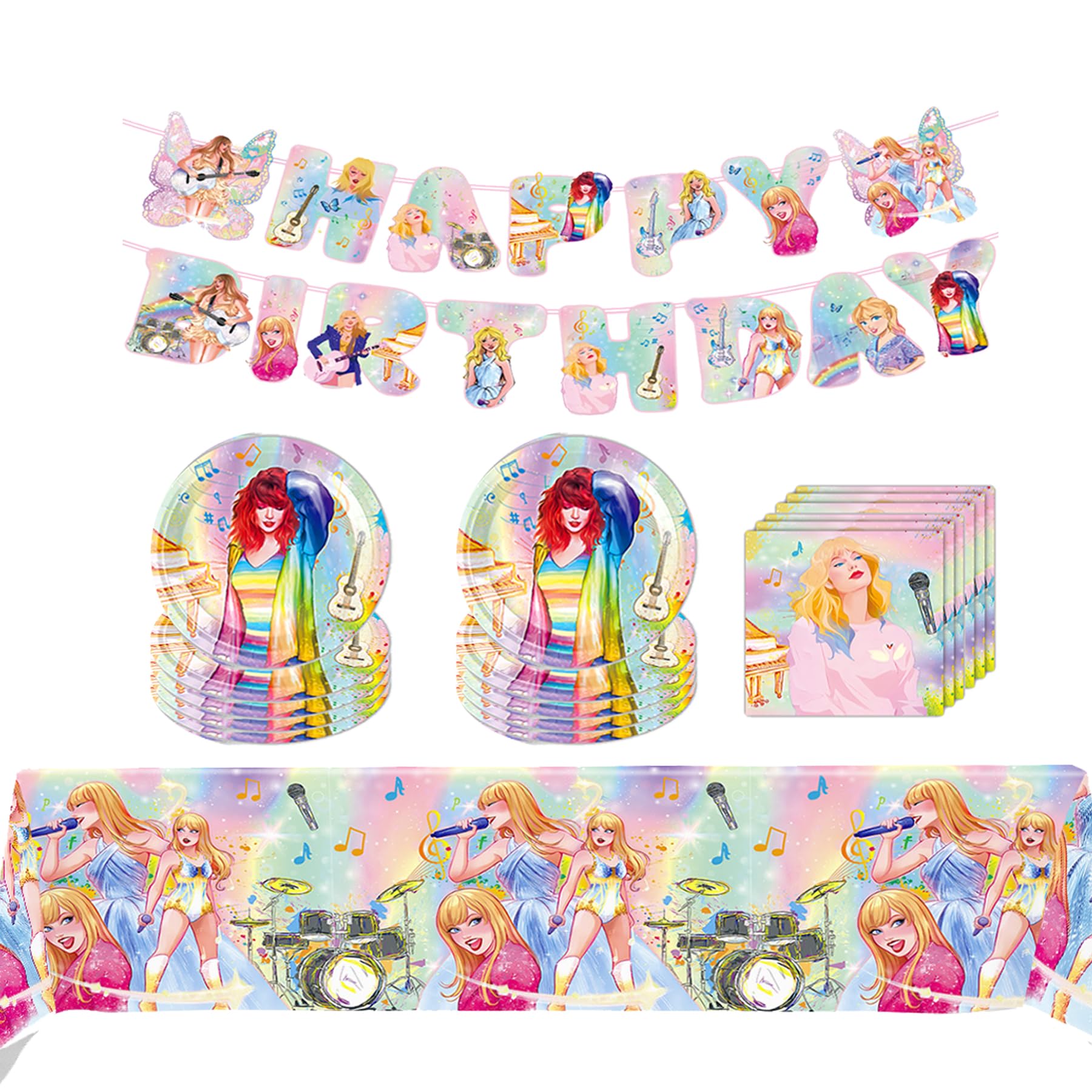 Music Birthday Decorations Tableware Set, Popular Star Theme Birthday Party Decorations Include Plates, Banner, Napkins, Tablecloth, Music Party Supplies for Fans Kids Boys and Girls