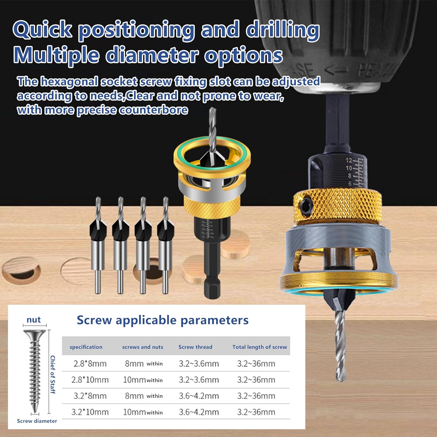 4PCS Countersink Drill Bit Set with Depth Stop, for Woodworking, HCS Four Blades Countersink Bits with Adjustable Depth Stop and L Shape Wrench, Wood Countersink Bit Set for Wood, Plastic, DIY
