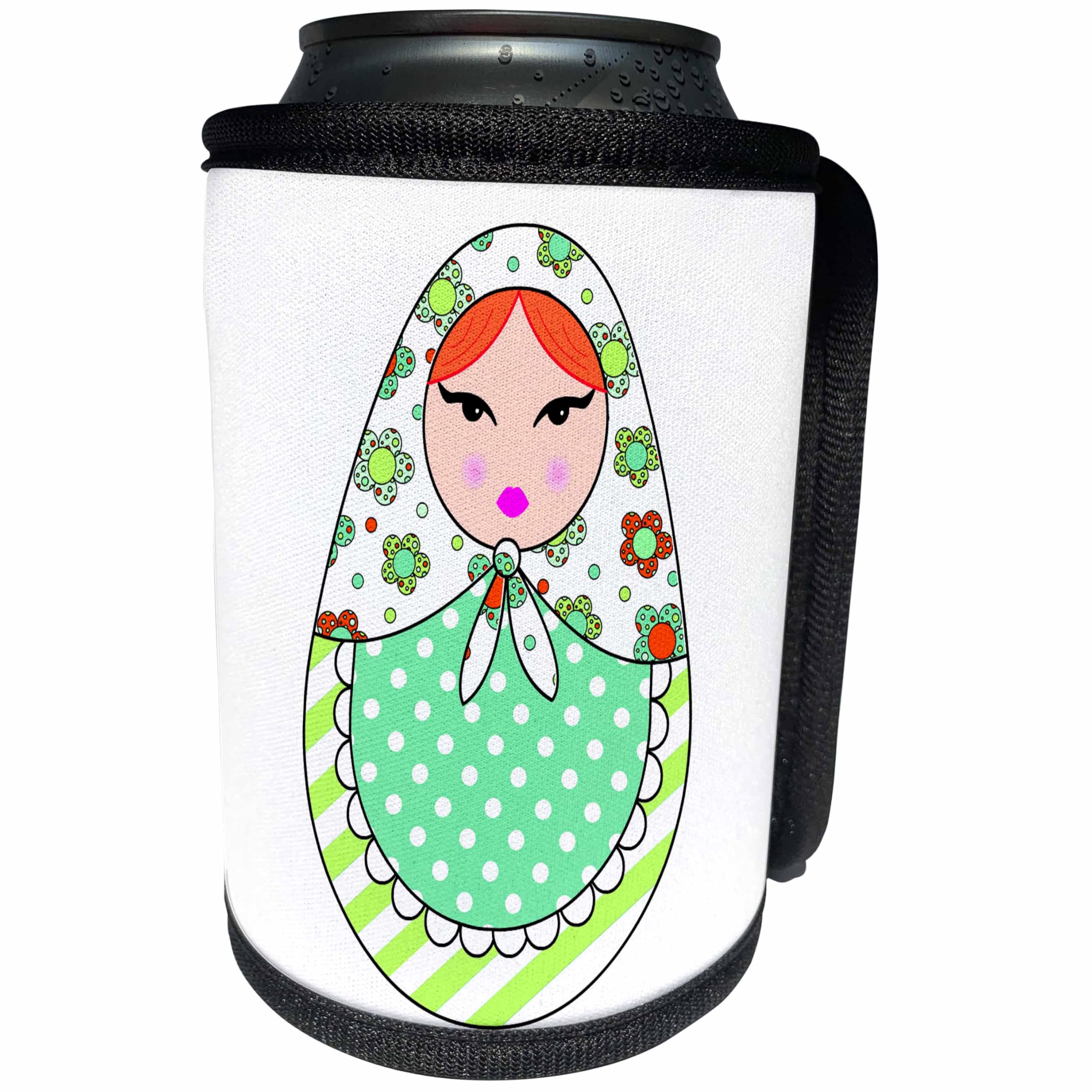 Can Cooler Bottle Wrap - Cute Russian Matryoshka Nesting Doll Orange Hair - Warm Colors White Designs Dolls