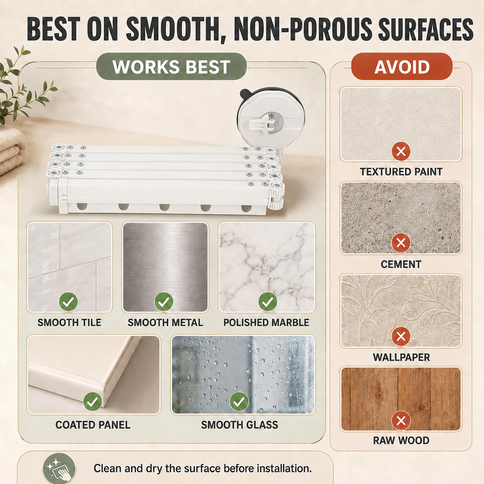 Tringle à rideau de douche sans perçage avec rideau de douche, pliable, double ventouse