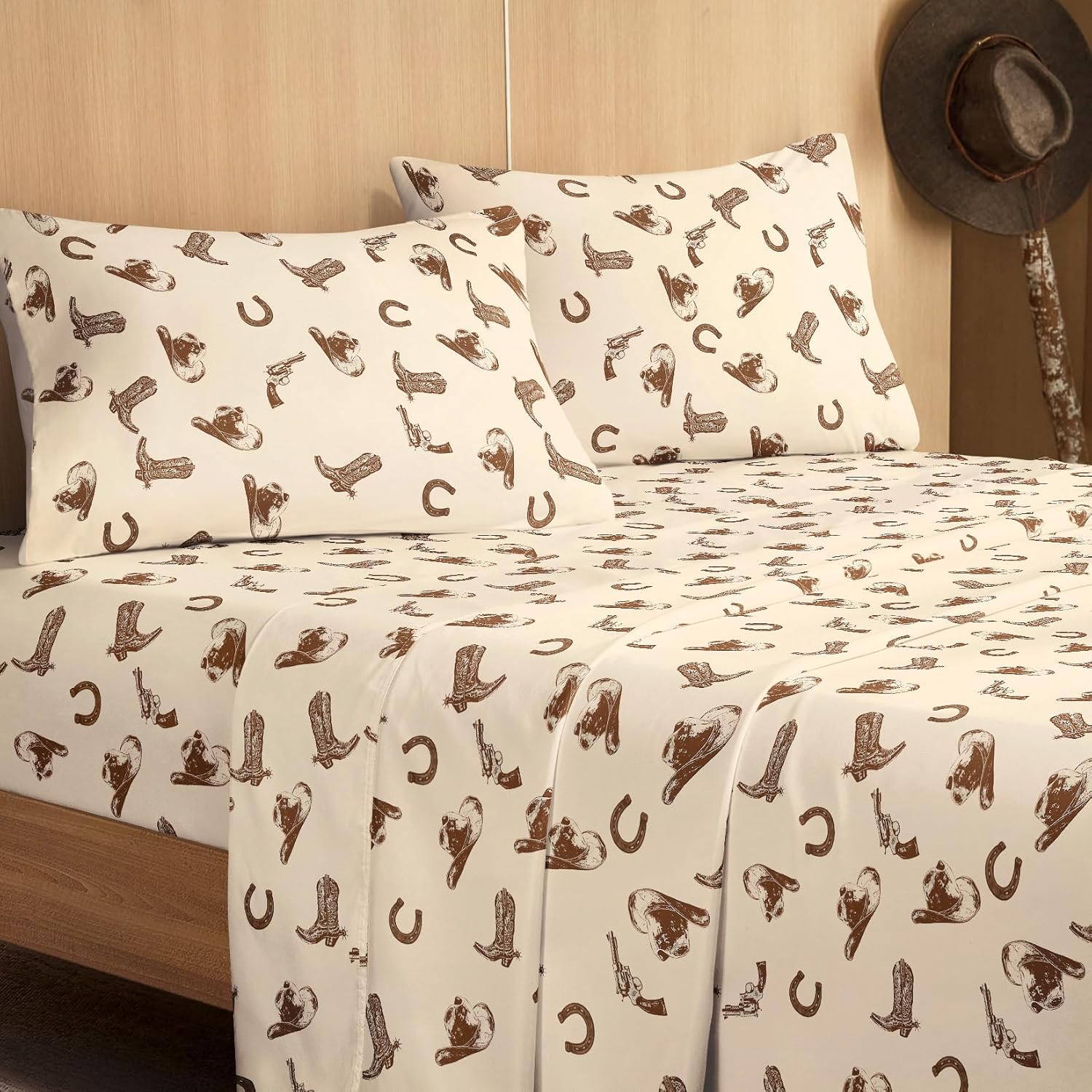 Wake In Cloud - Western Bed Sheets, 4-Piece Sheet Set, Rustic Ranch Style with Cowboy Southwestern Vintage Country Pattern Printed Bedding, Deep Pocket, Beige Brown, Queen Size