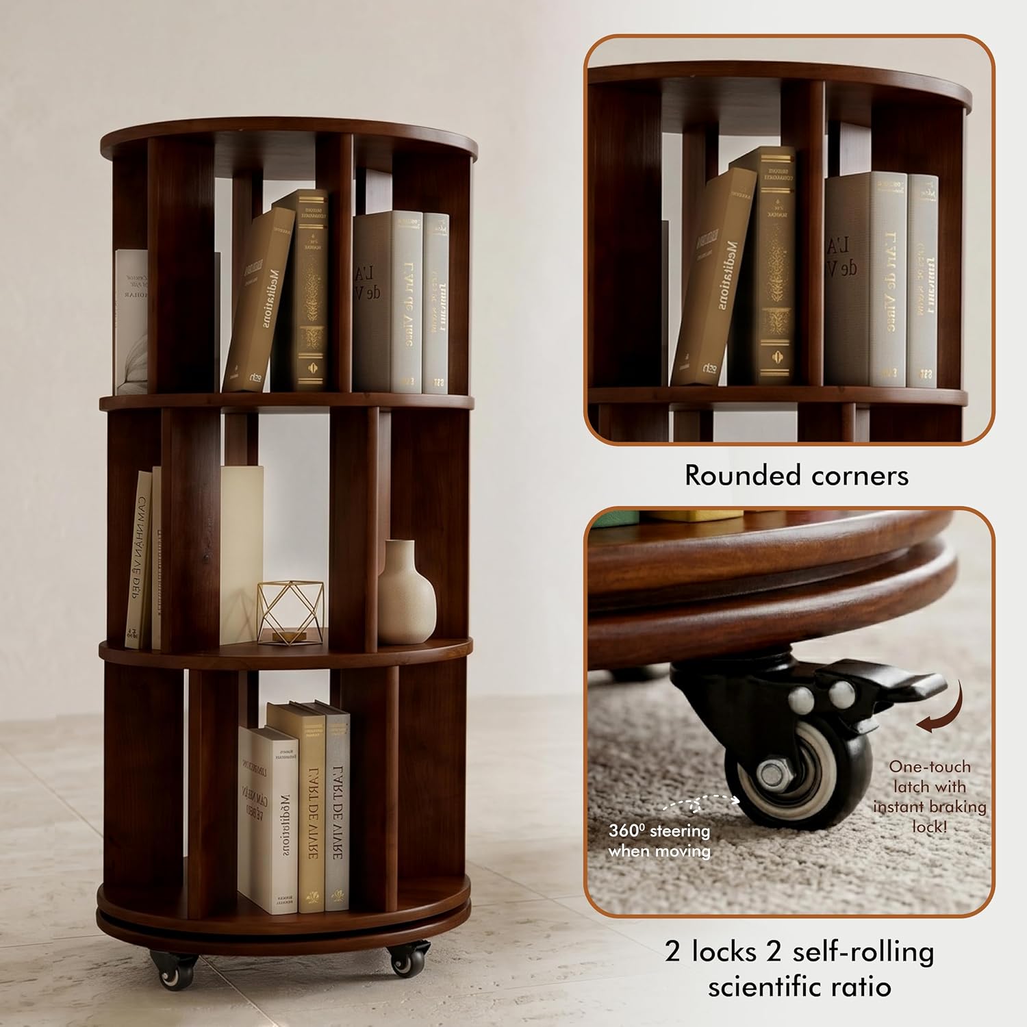 Rotating Bookshelf Tower on Wheels, Solid Rubber Wood Spinning, Round Bookcase with Lockable Casters, 360° Rolling, Book Shelf for Small Spaces, Corner, Home Office & Bedroom (3 Tier - Walnut)