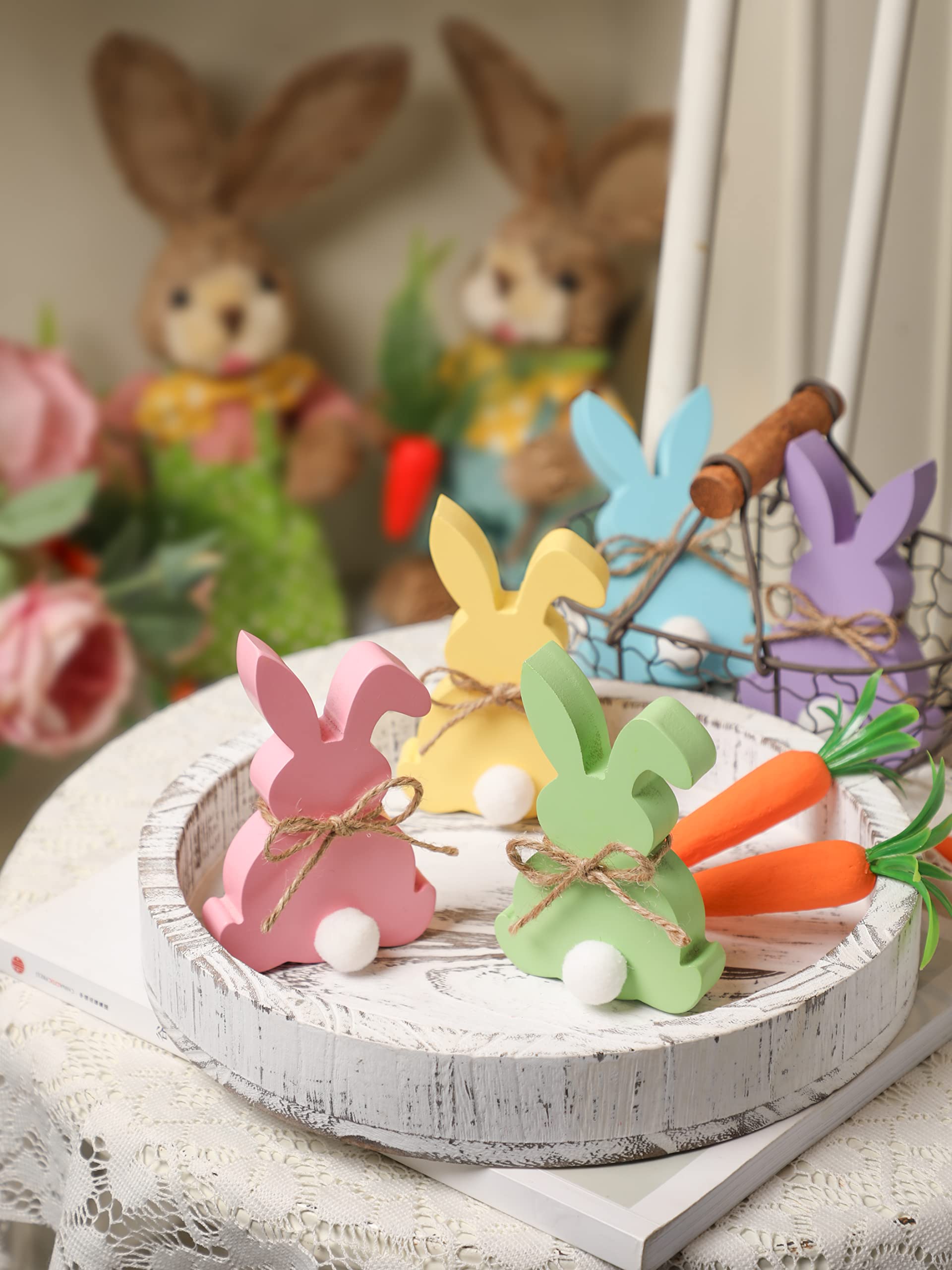 5 letreros de madera de conejo de Pascua para decoración de mesa de Pascua con forma de conejo