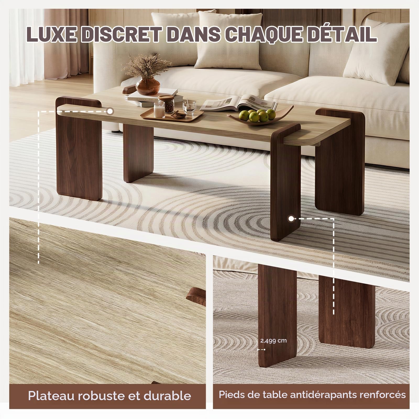 MSFE Table Basse en Travertin,Table Basse Bois Rectangulaire pour Salon,Élégante Table Centrale pour Café ou Thé avec Base Robuste et Coins Arrondis,110 x 40 x 50 cm