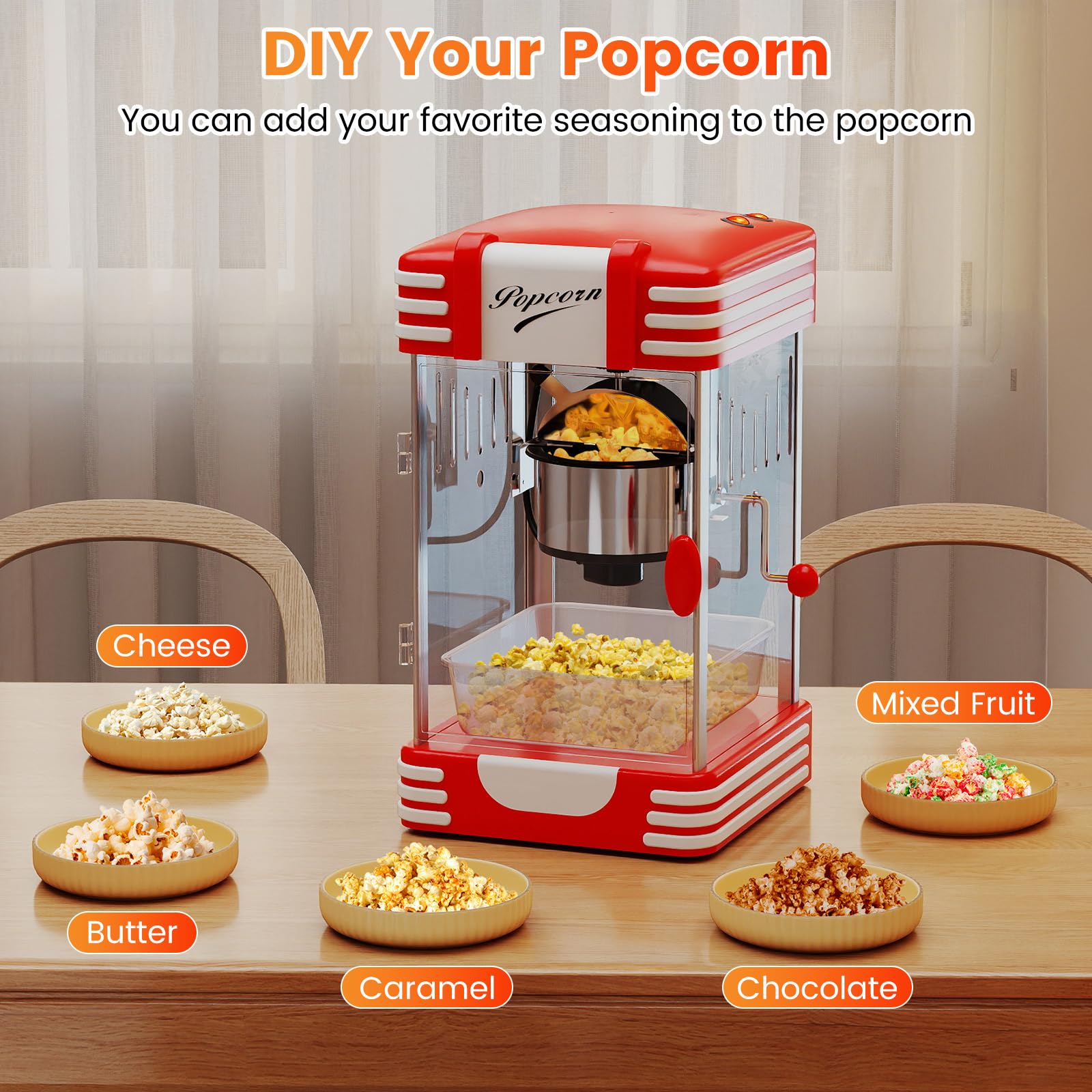 LIFEZEAL Macchina Popcorn 1200W, Riscaldamento e Mantenimento Caldo, Macchinetta Pop Corn Elettrica con 2 Misurino, Contenitore in Acciaio Inossidabile e Vassoio Rimovibile, Condimento Personalizzato