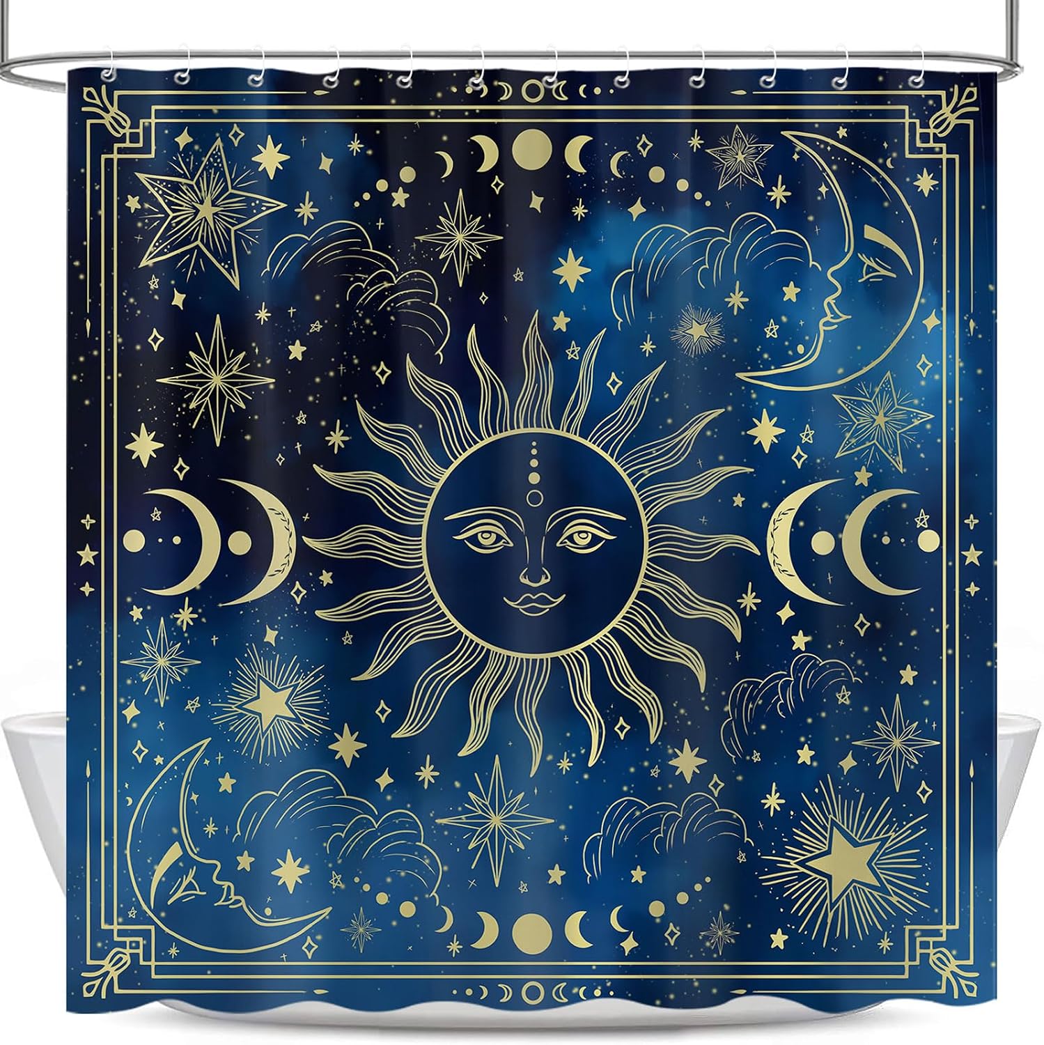 Celestial Shower Curtain, Blue Gold Sun Moon Galaxy Stars Sky Shower Curtains for Bathroom, Boho Mystic Zodiac Constellation Navy Blue Decor Polyester Fabric Shower Curtain Sets 12 Hooks 72X72 IN