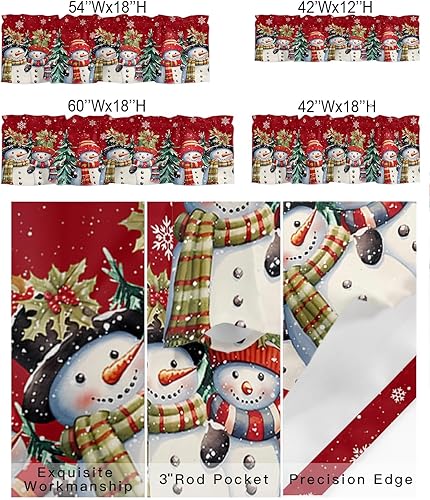 Miniatura 2 de Cortina de cenefas de invierno con diseño de muñeco de nieve para cocina, cafetería, copos de nieve de Navidad sobre cenefa de ventana roja,