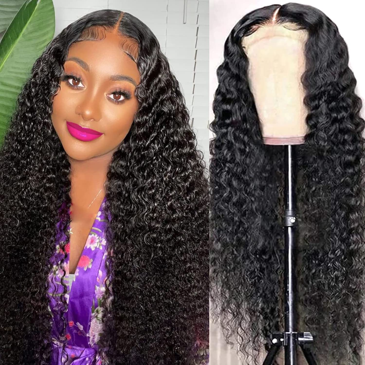 HD Transparent Deep Wave Lace Front Wigs Human Hair 4x4 Deep Wave Wigs 24 Inch Brazilian Virgin 180% Density Lace Closure Wigs Human Hair for Black Women Natural Color(24inch,Deep Wave Wig)
