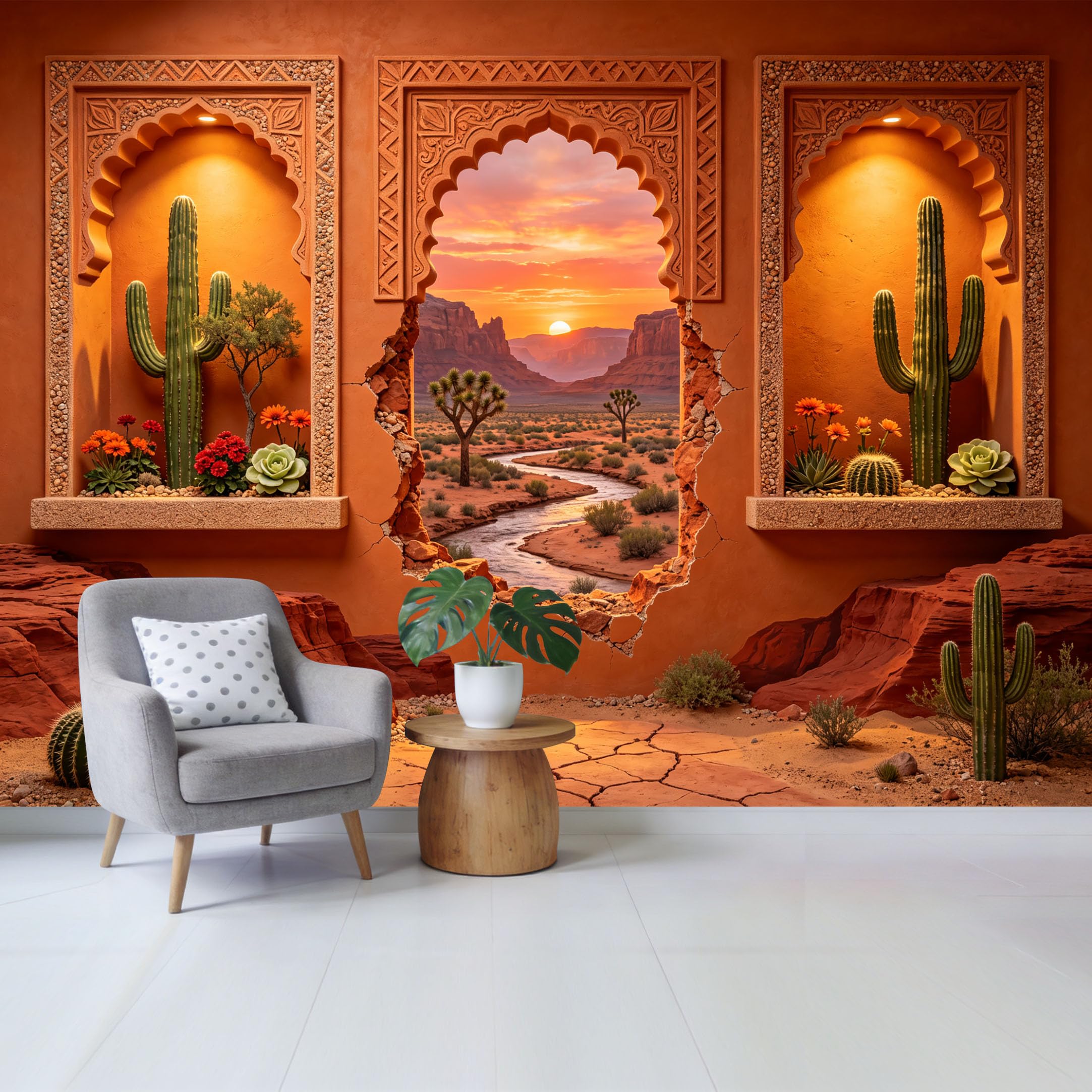 Custom Size Wall Mural Desert Sunset Cactus Landscape 3D Trompe l’oeil Removable Self Adhesive Fabric Home Wall Decor for Living Room Bedroom Bathroom