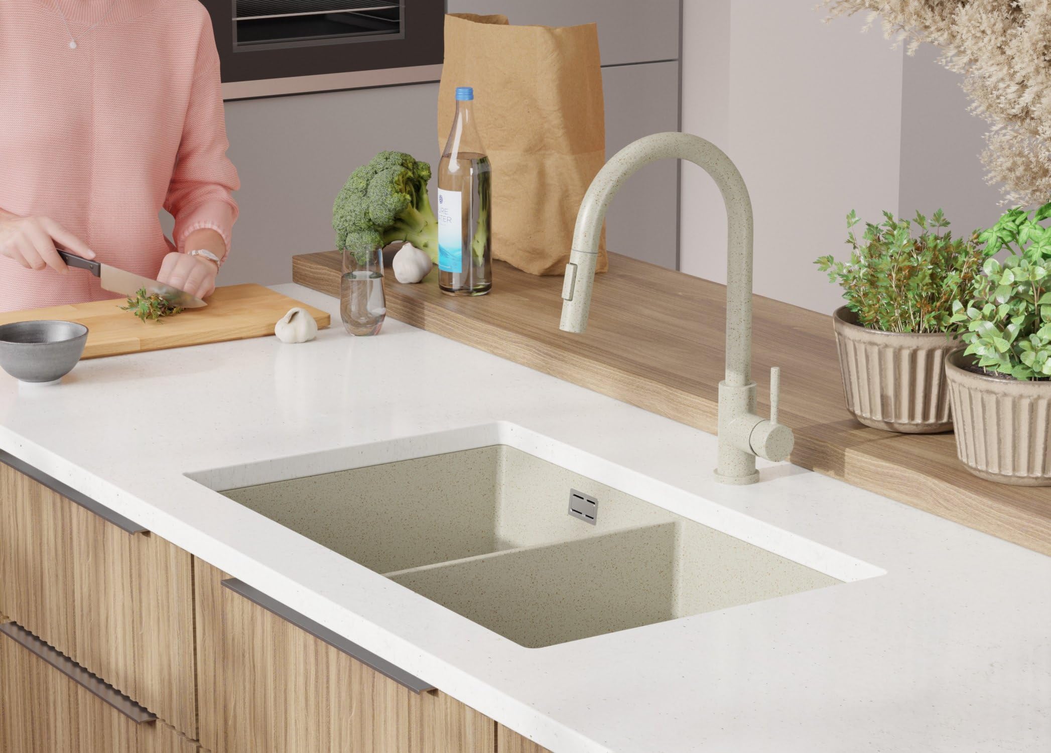PRIMAGRAN Fregadero bajo Encimera Todo Beige 76x47cm, Cocina 2 Senos + Sifón, Granito al Mueble 80cm - London Twin S010