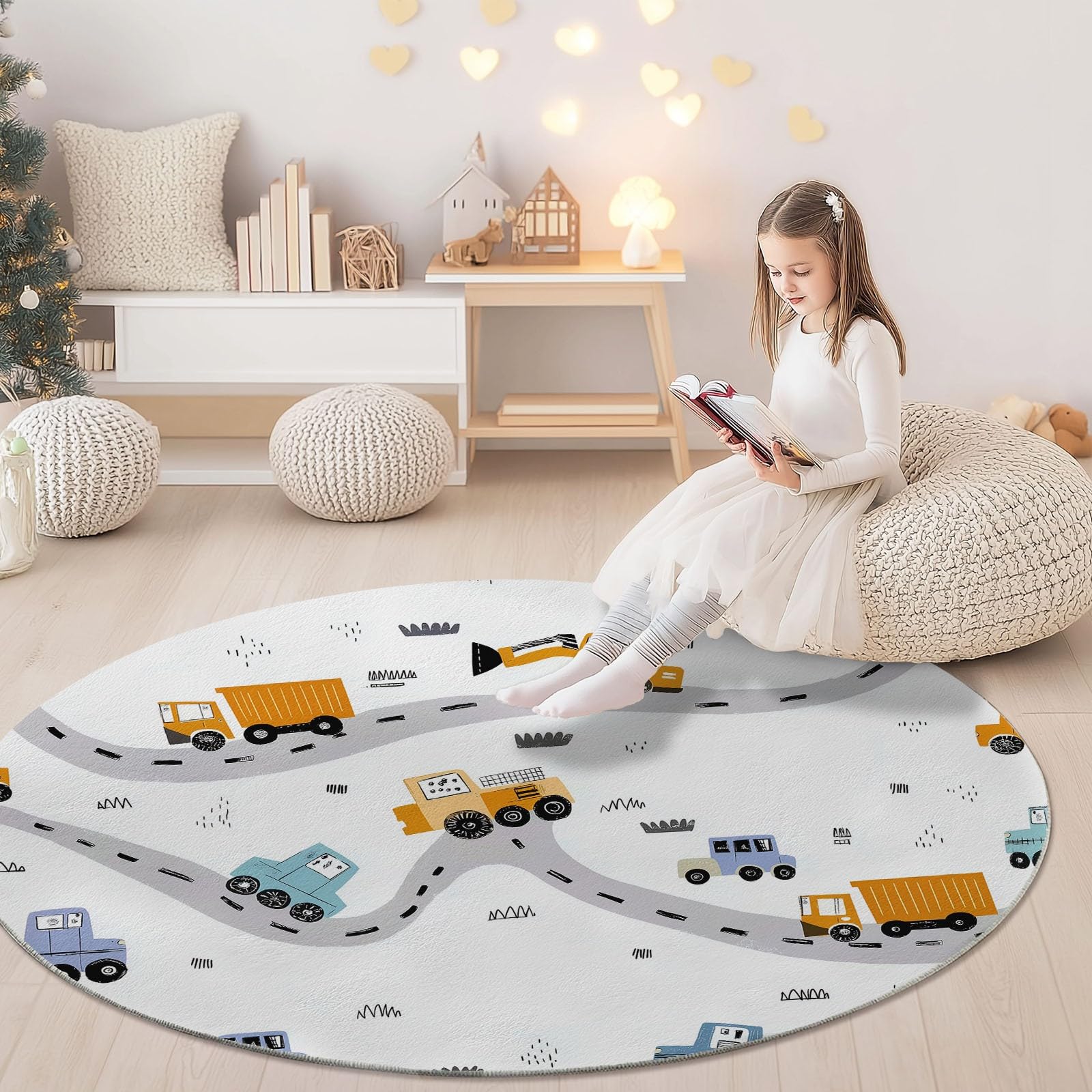 Tappeto Rotondo Salotto, Modello Cartone Animato Camion Da Costruzione Strada Tappetini antiscivolo circolari e morbidi, Tappeto Rotondo per Cameretta Cucina Casa Zona Balcone Tavolino (Bianco, 120cm)