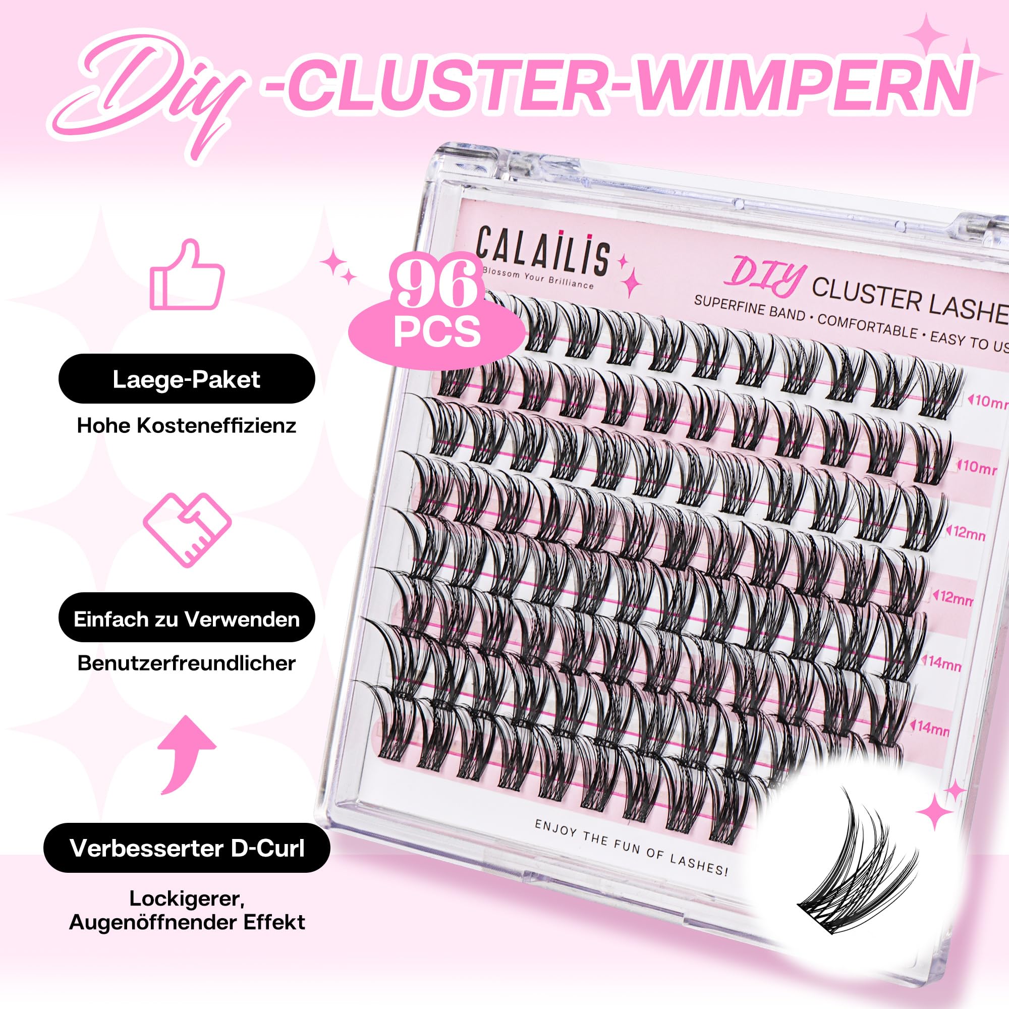 CALAILIS Rzęsy pojedyncze, 96 szt. DIY pojedyncze rzęsy do samodzielnego stosowania do przedłużania rzęs w domu, 10-16 mm D Curl Cluster Individual Lashes (HD10-MIX)