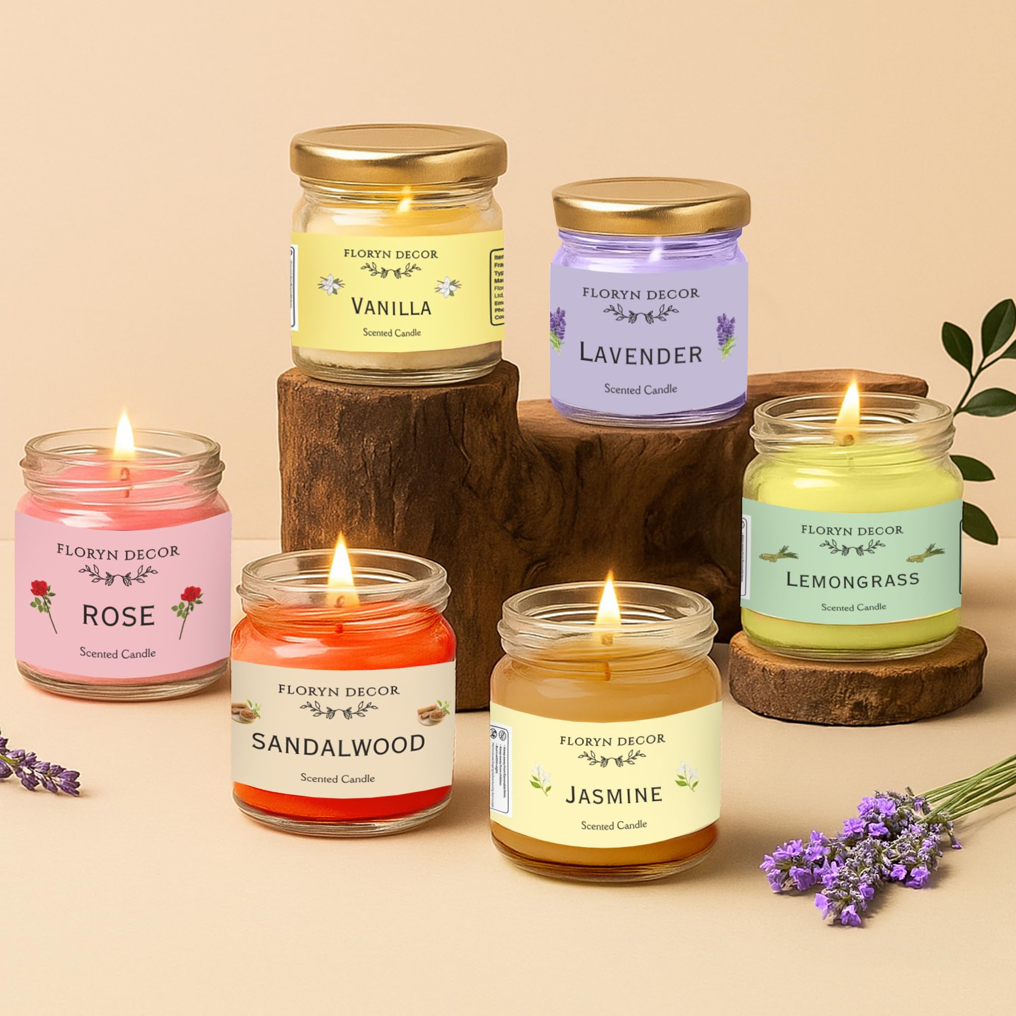 Floryn Decor Luxe Glass Jar Scented Candles Gift Set | Scented Candle Set of 6 | Highly Fragranced Candles Pack of 6 Mini Jars (Pack of 6), Aromatic
