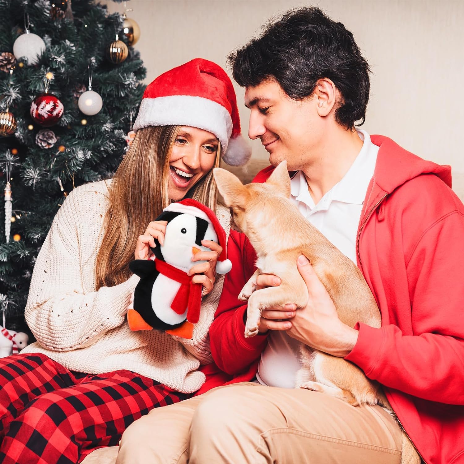 8 juguetes chirriantes de Navidad para perros, juguetes de peluche para perros de Papá Noel, muñeco de nieve, alce, pingüino, perro, dientes interactivos para masticar