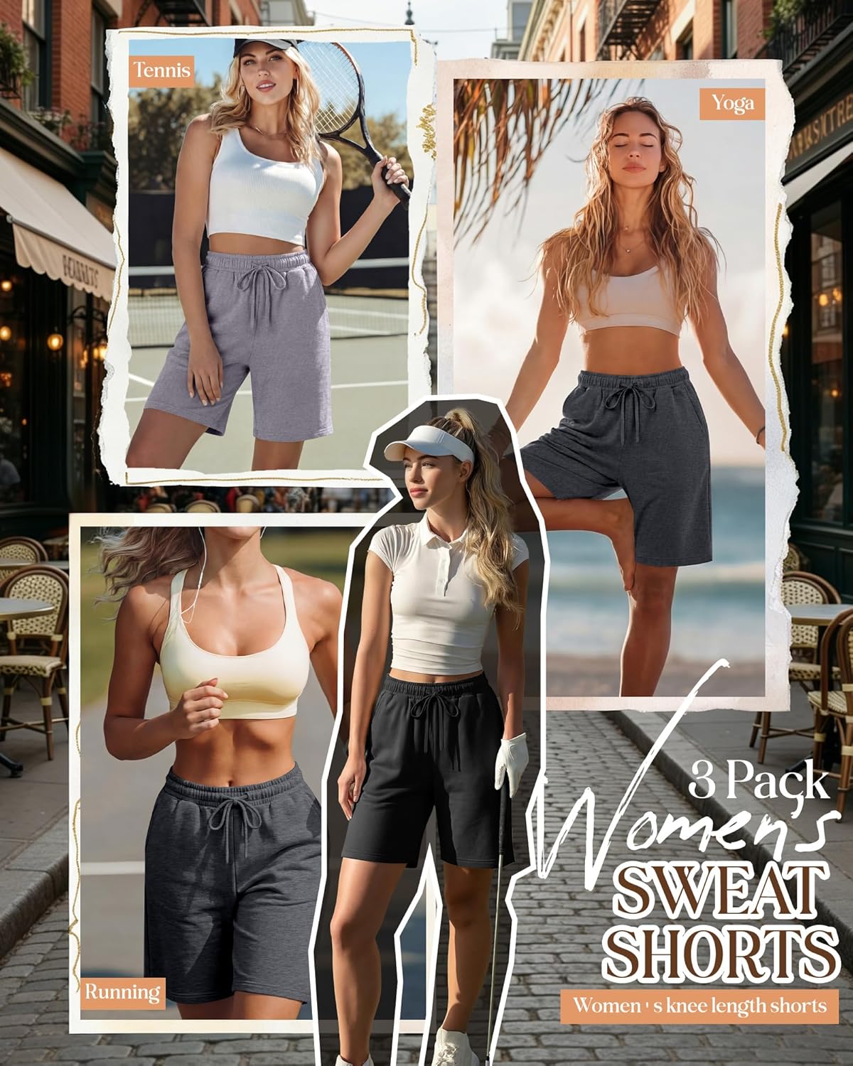 Neer 3 Pack Women's Bermuda Shorts, Jogger Yoga Sweat Walking Short Running Knee Length Sport Drawstring Shorts with Pockets