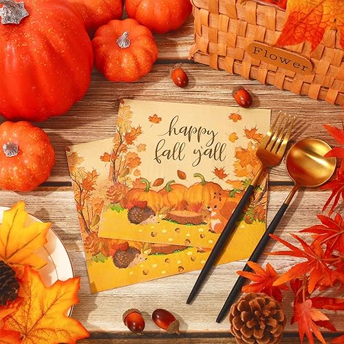 Miniatura 5 de Whaline Paquete de 80 servilletas temáticas de otoño de 6.5 x 6.5 pulgadas, servilletas de calabaza coloridas hojas de otoño, servilletas
