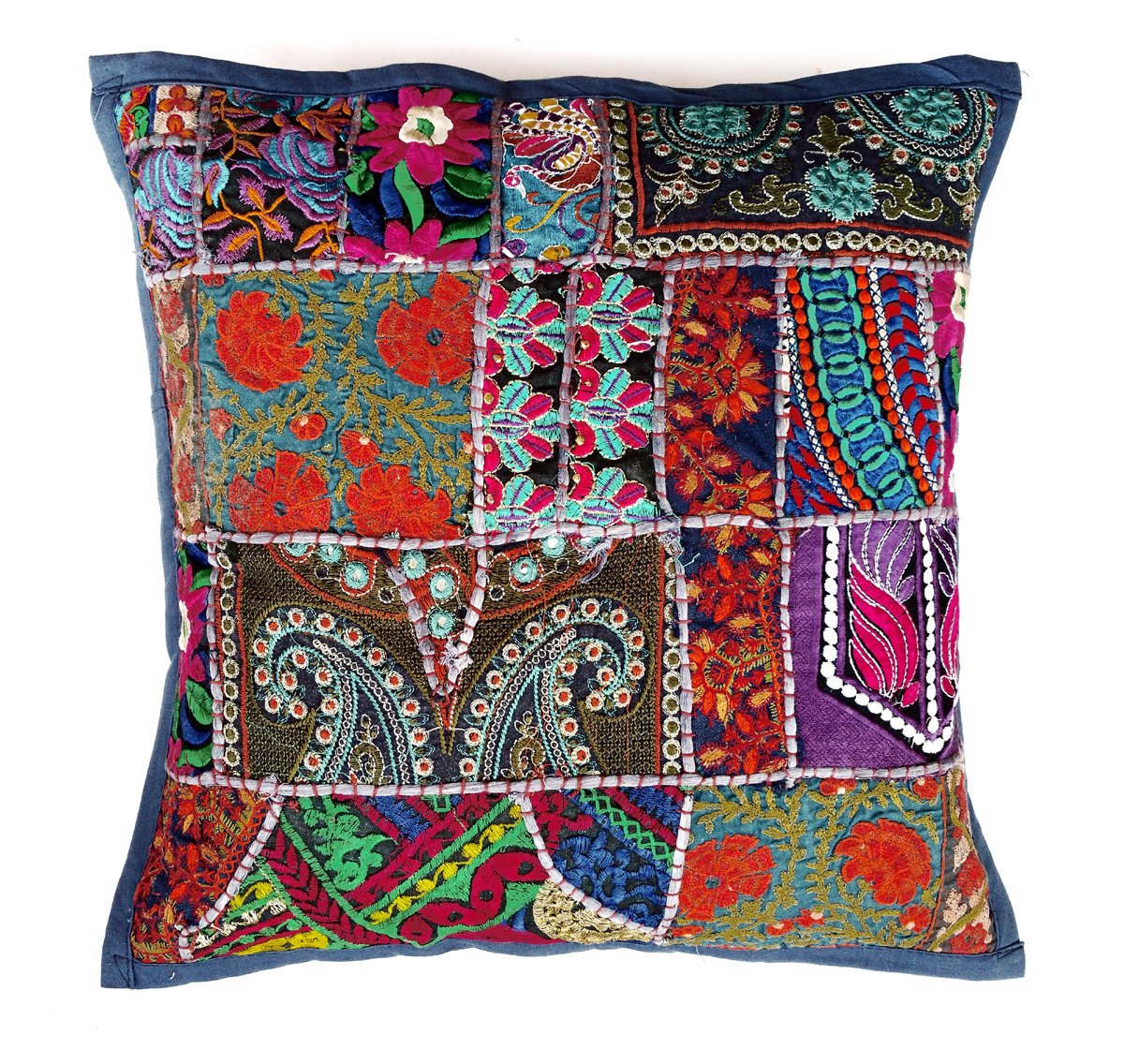Rastogi Handicrafts Handmade Patchwork Cushion Pillow, Sari Patch Throw Pillow Indian Ethnic Pillow Covers Embroidered Sari Patchwork Cushion Cover (Blue)