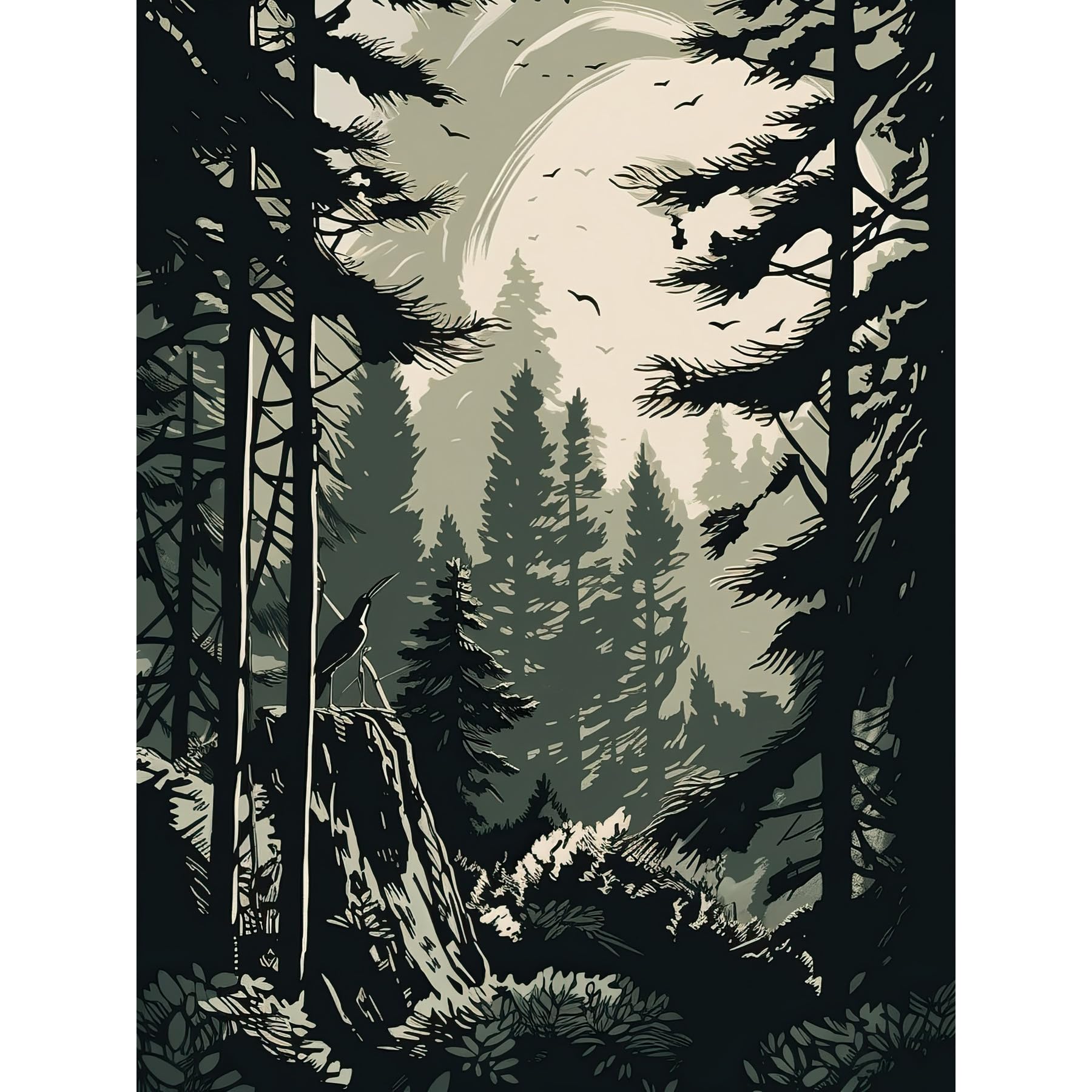 Artery8 Pine Tree Forest Sunrise Landscape Illustration Large Wall Art Poster Print Thick Paper 18X24 Inch