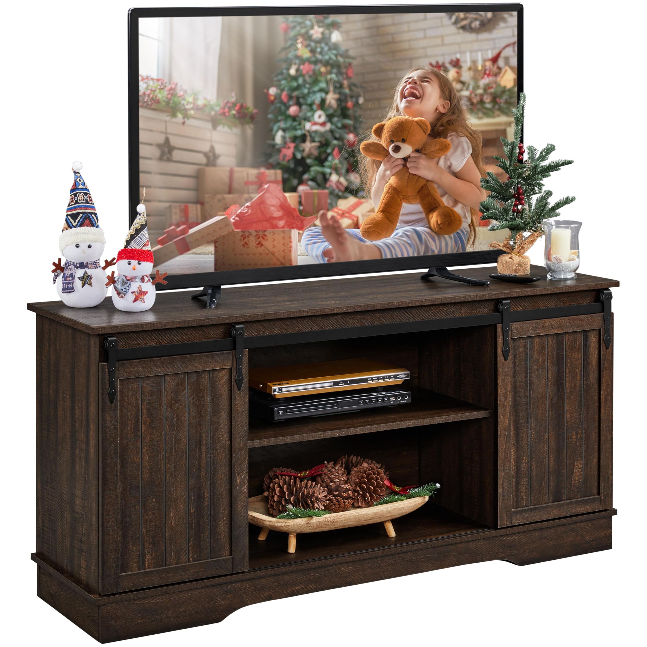 Yaheetech TV Stand for TVs Up to 65 inch, Farmhouse Media Entertainment Center, 58'' TV Console Table with Adjustable Shelves & Sliding Barn Doors for Living Room, Dark Walnut