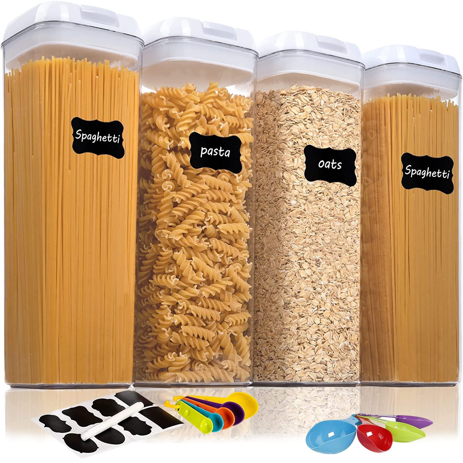 TYCOM Food Storage Containers Set with Lock Lids,Set of 4,Pantry Organization Plastic Storage Jar Storage Tank for Cereal,Coffee, Sugar - Moisture Proof,BPA Free & Stackable Design(1900ML White)