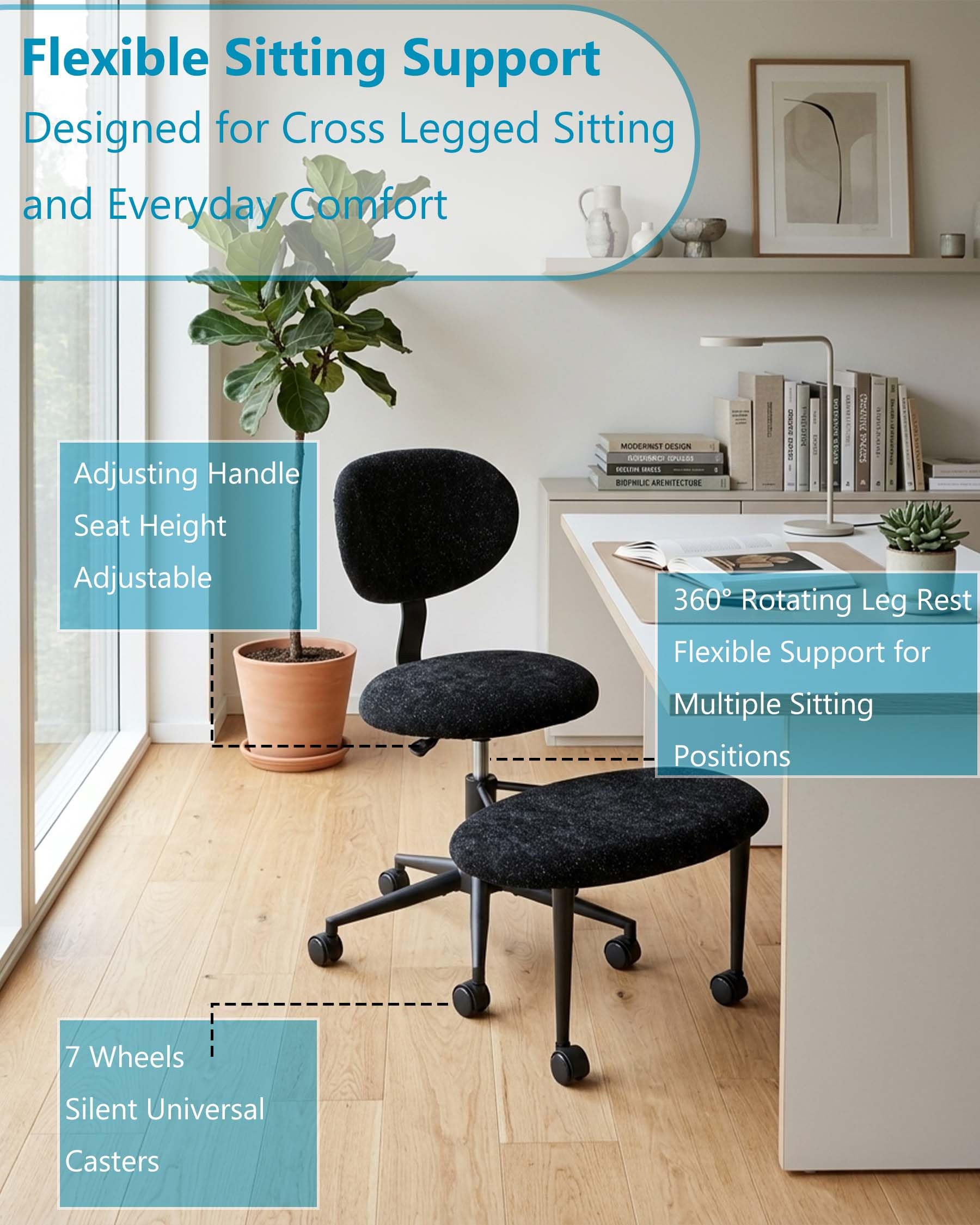 hitsuki Silla de Oficina sin Reposabrazos Silla Ergonómica de Escritorio con Reposapiés Giratorio 360° Silla Ajustable en Altura con Ruedas para Teletrabajo Negra Brillante