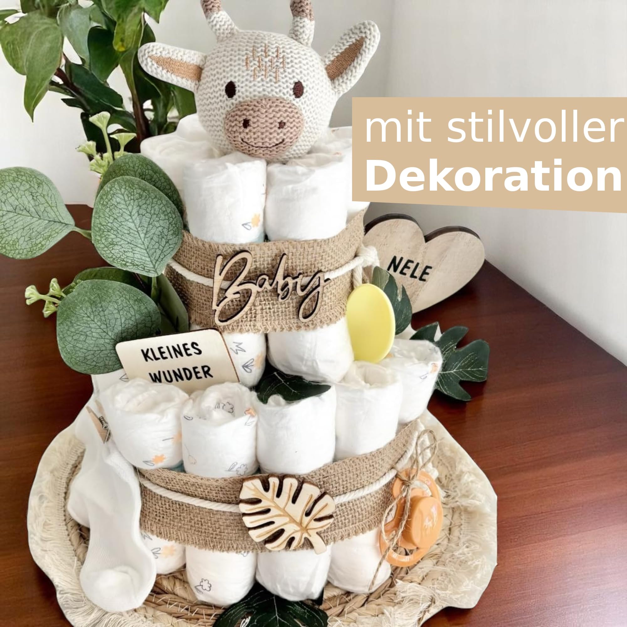 Windeltorte mit Giraffe, mit Babyaccessoires und Dekoration, Name Personalisierbar, Neutral für Jungen & Mädchen, Its a Boy/Girl, Babyshower Torte Gender-Reveal Baby-Party Geschenk Geburt Deko