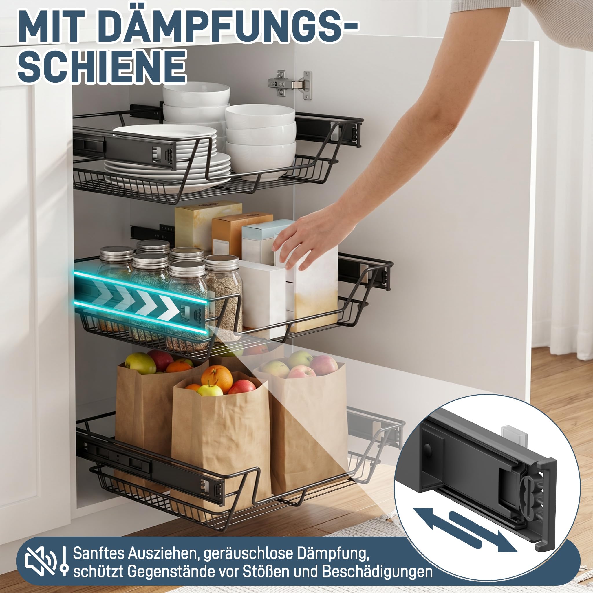 FIVMEN Ausziehbare Schublade Küche 2x 50cm Metall Teleskopschublade mit Schienen, Schublade Korbauszug Geräuscharm Küchen Organizer für Küche Badezimmer Abstellraum, Schwarz