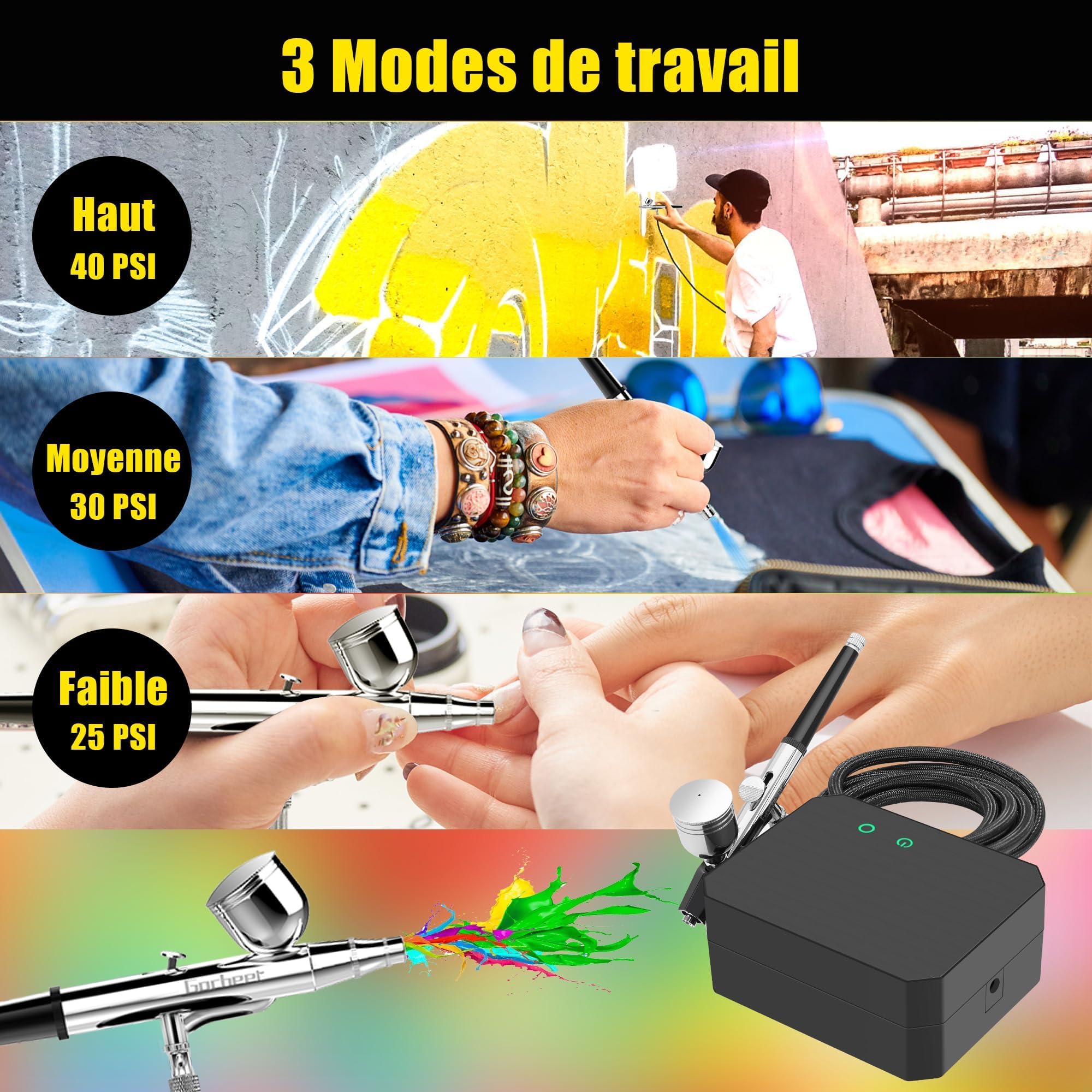 40 PSI Kit Aérographe Complet Professionnel avec Compresseur Aérographe - 0.2/0.3/0.5 mm Buses pour Nail Art, L'artisanat, la Décoration de Gâteaux, la Conception D'ongles,Noir