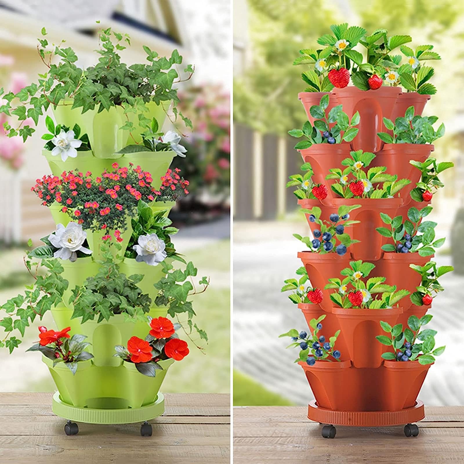 Invero Set di 6 fioriere impilabili per fragole, impilabili, da giardino, in plastica, per piantare fragole, erbe, fiori e altro ancora