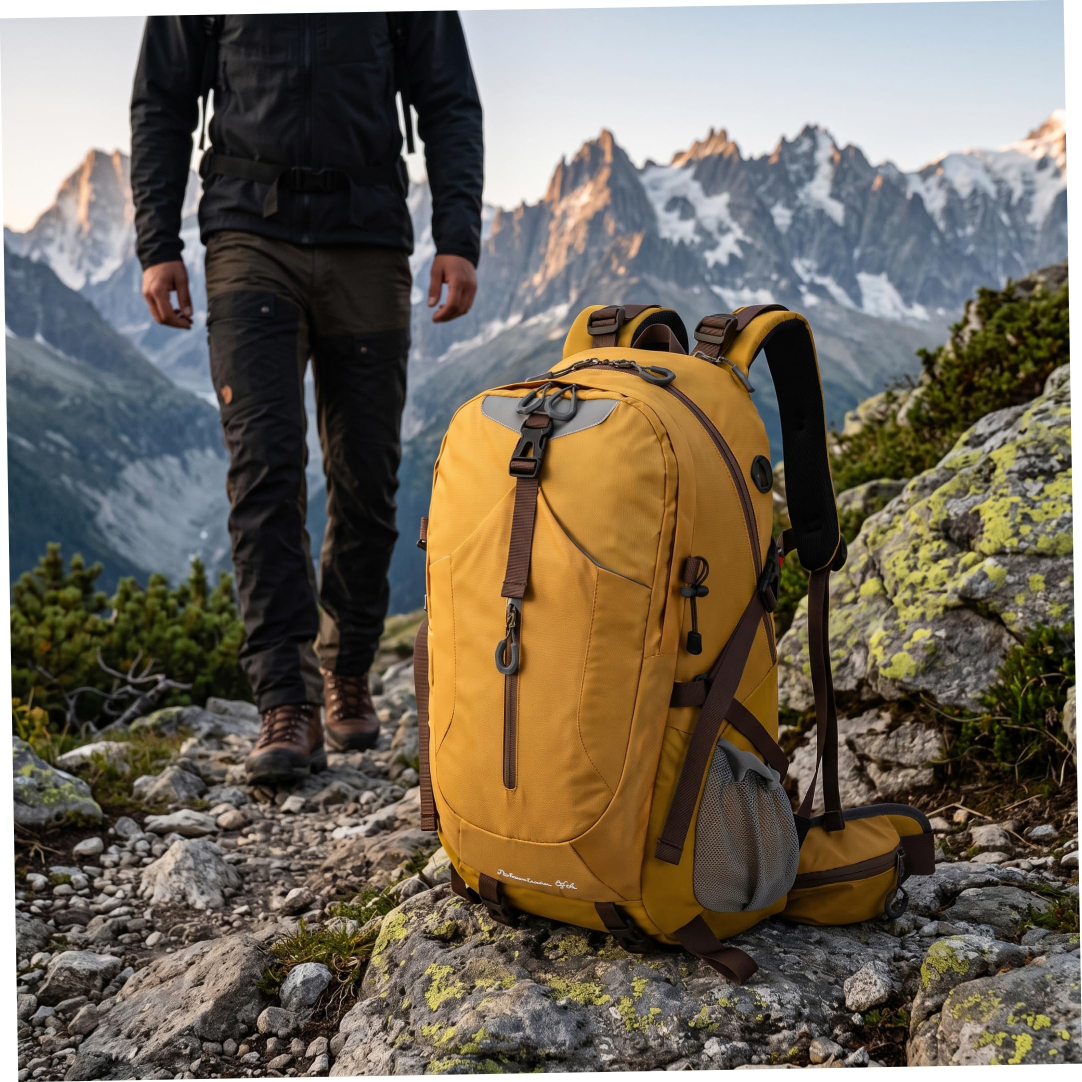 Rucksack Wandern für Männer Frauen, wasserdichter Campingrucksack, gelb