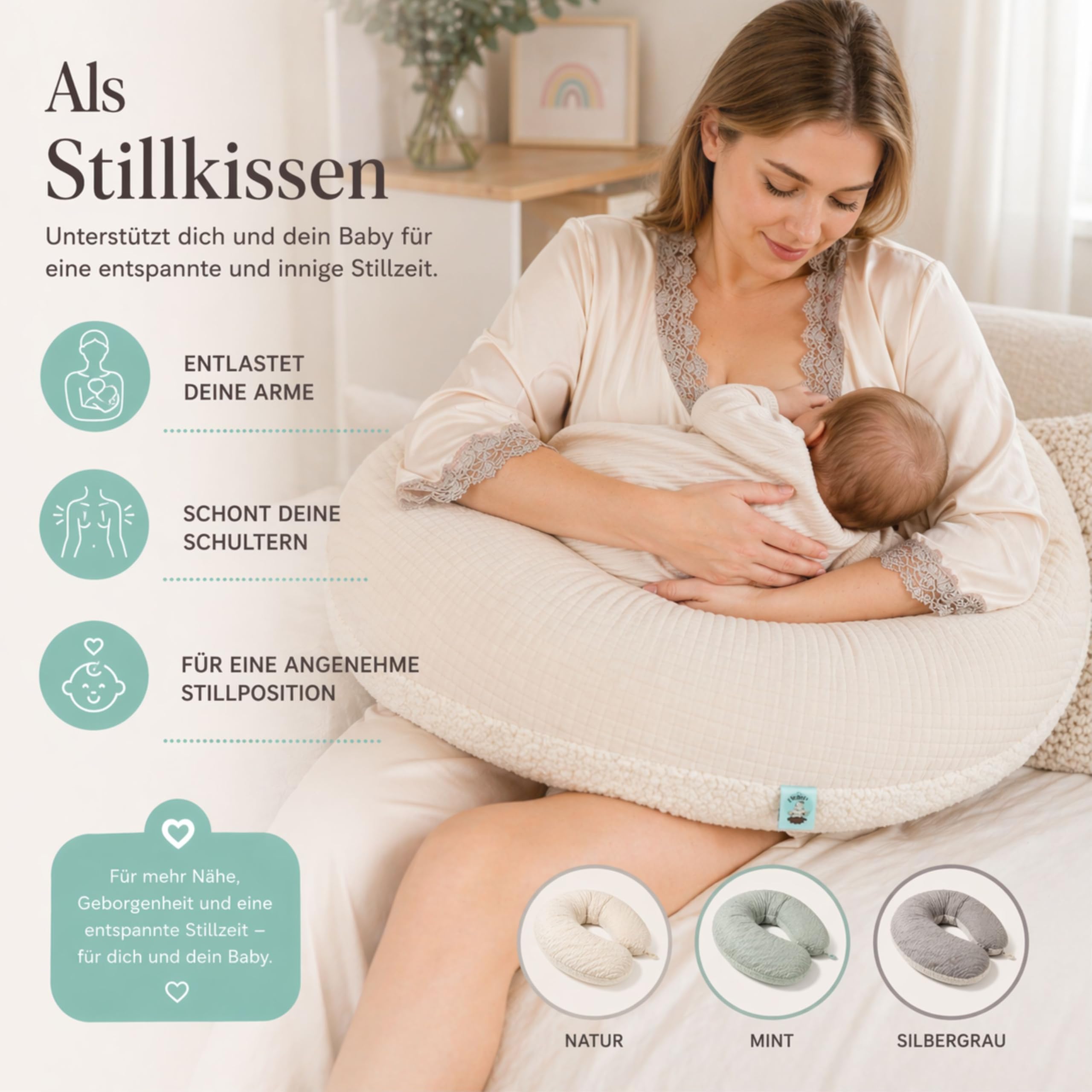 Sei Design Cojín de Lactancia XXL ergonómico, 190 x 30 cm, cojín de Embarazo, cojín cómodo para Adultos | Nestchen recién Nacidos, cojín con Funda 100% algodón