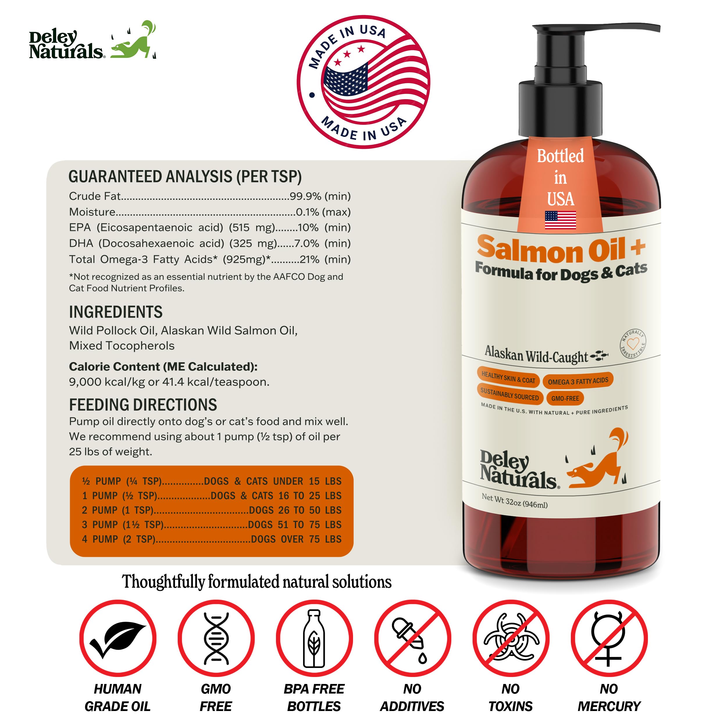 Deley Naturals Wild Alaskan Salmon Oil for Dogs & Cats - New and Improved Salmon Oil Plus Formula - Fish Oil for Dogs with Omega 3, DHA and EPA - Omega 3 for Healthy Skin and Coat - 32oz Made in USA — Amazon image 5