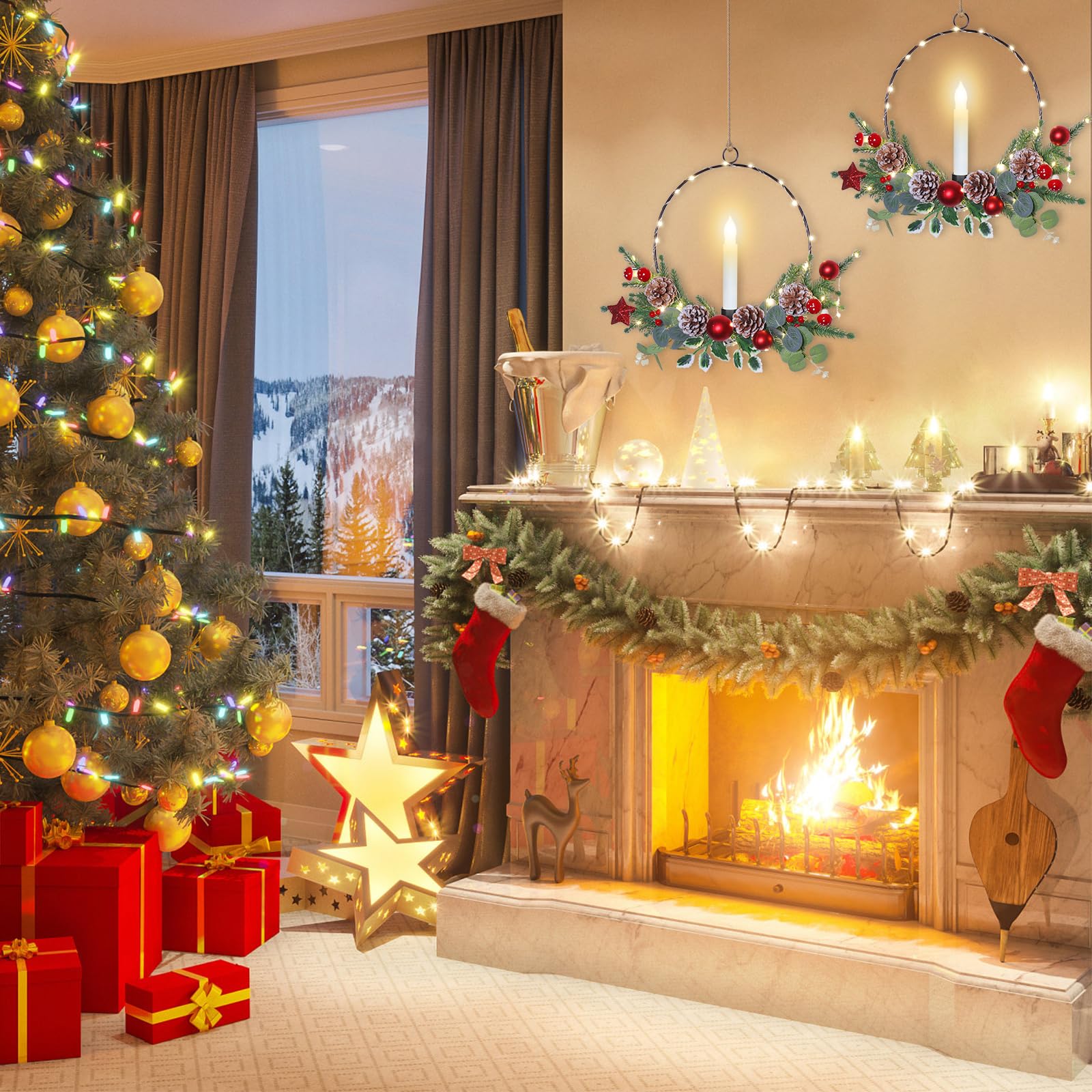 Weldomcor Paquete de 2 coronas de Navidad con luces LED cónicas de vela cónicas de piño, bayas, corona de aro de plantas artificiales, decoraciones de Navidad de invierno para puerta delantera