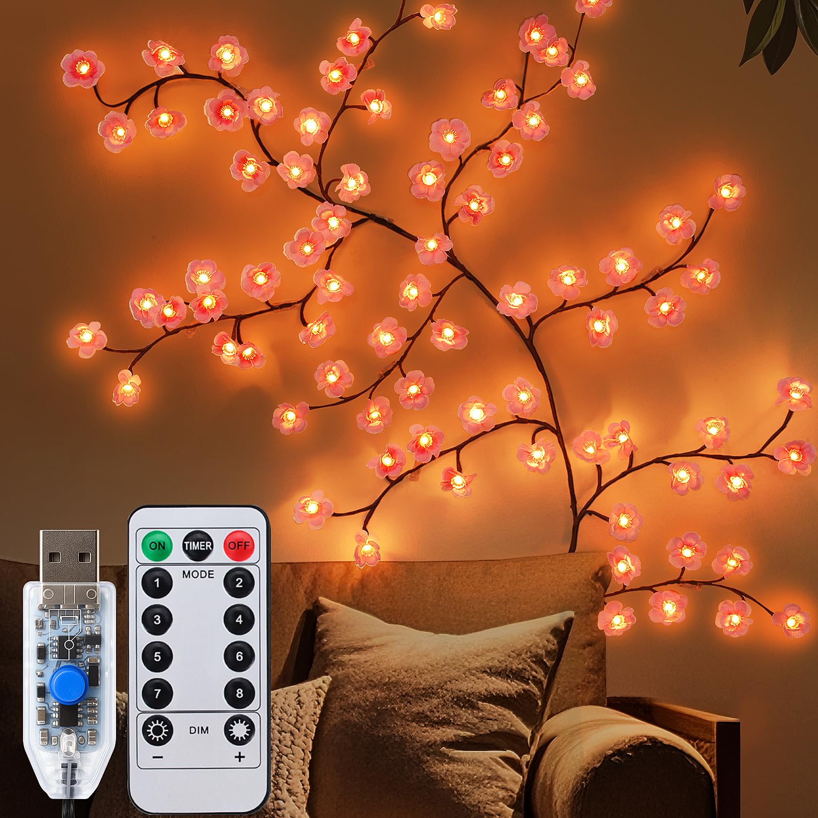 Ninonly String Lights for Wall, 1.8m 96LED Cherry Blossom Tree for Home Decor, 8 Modes Flower Lights with Remote Control, DIY Decorations for Indoor Bedroom Christmas Birthday Gift