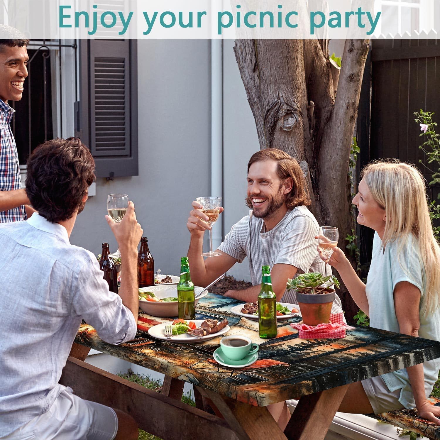 American Flag Picnic Table Cover with Table Cover, Elastic Tablecloth for Outdoor Picnic Tables, RV Camping Forest Design, Tablecloth for Camping, Barbecue and Terrace Dining, 30x96 Inch