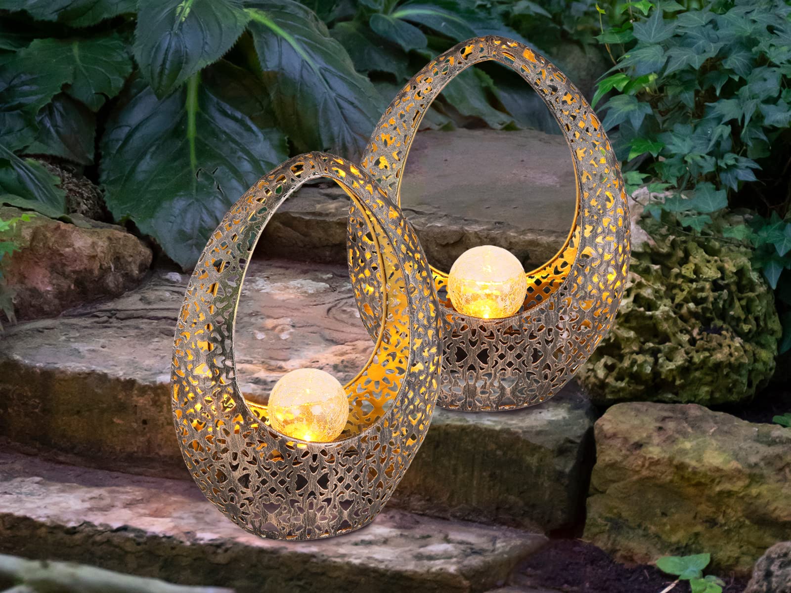 Lampada solare con sfera di vetro crackle, metallo color bronzo oro, altezza 27,5 cm