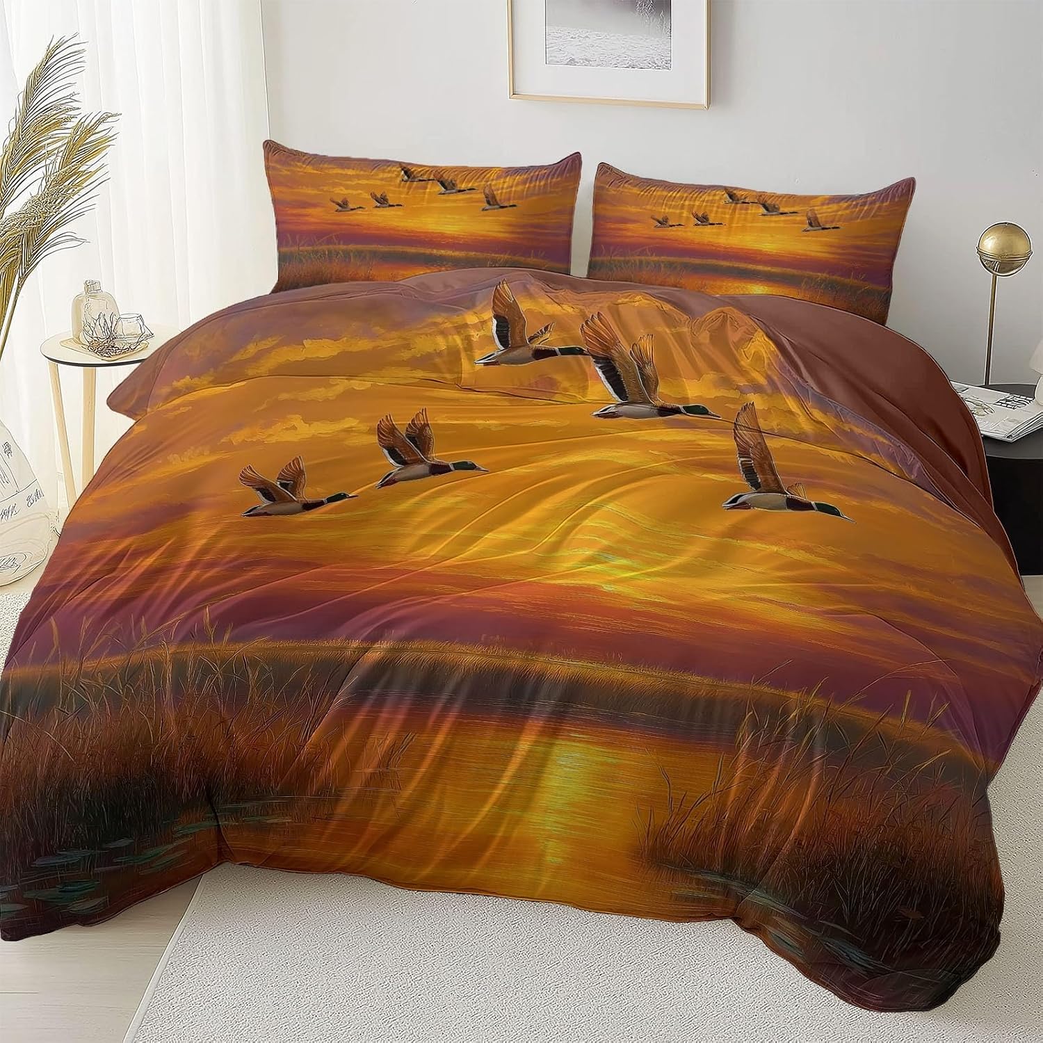 King Bedding Duvet Cover Set- Brownish Red Printed 3 Piece Decorative Bedclothes, Oil Fields Painting Sunset Ducks Soft Microfiber Down Comforter Quilt Covers Closure for Men and Women