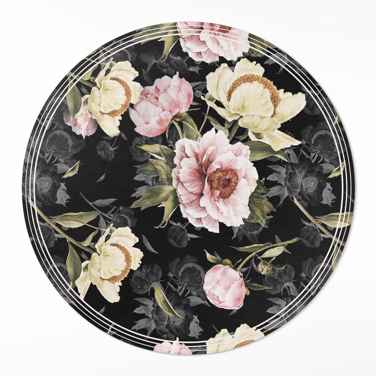Tapis vinyle rond ø110 cm motif fleurs élégantes en PVC pour sol de salon et cuisine